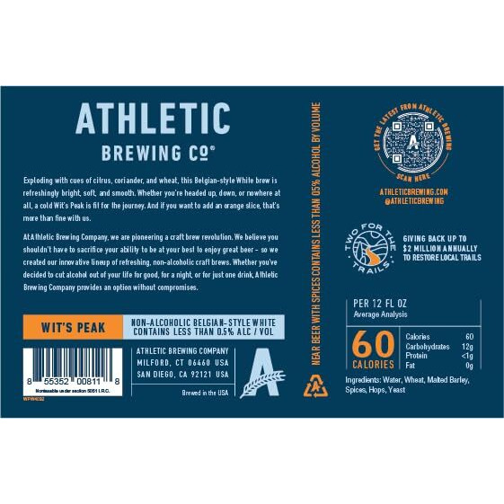 Athletic Brewing Company Craft Non-Alcoholic Beer - 12 Pack X 12 Fl Oz Cans - Wit's Peak - Low-Calorie, Award Winning, 100% Vegan - Exploding With Cues Of Citrus, Coriander, And Wheat