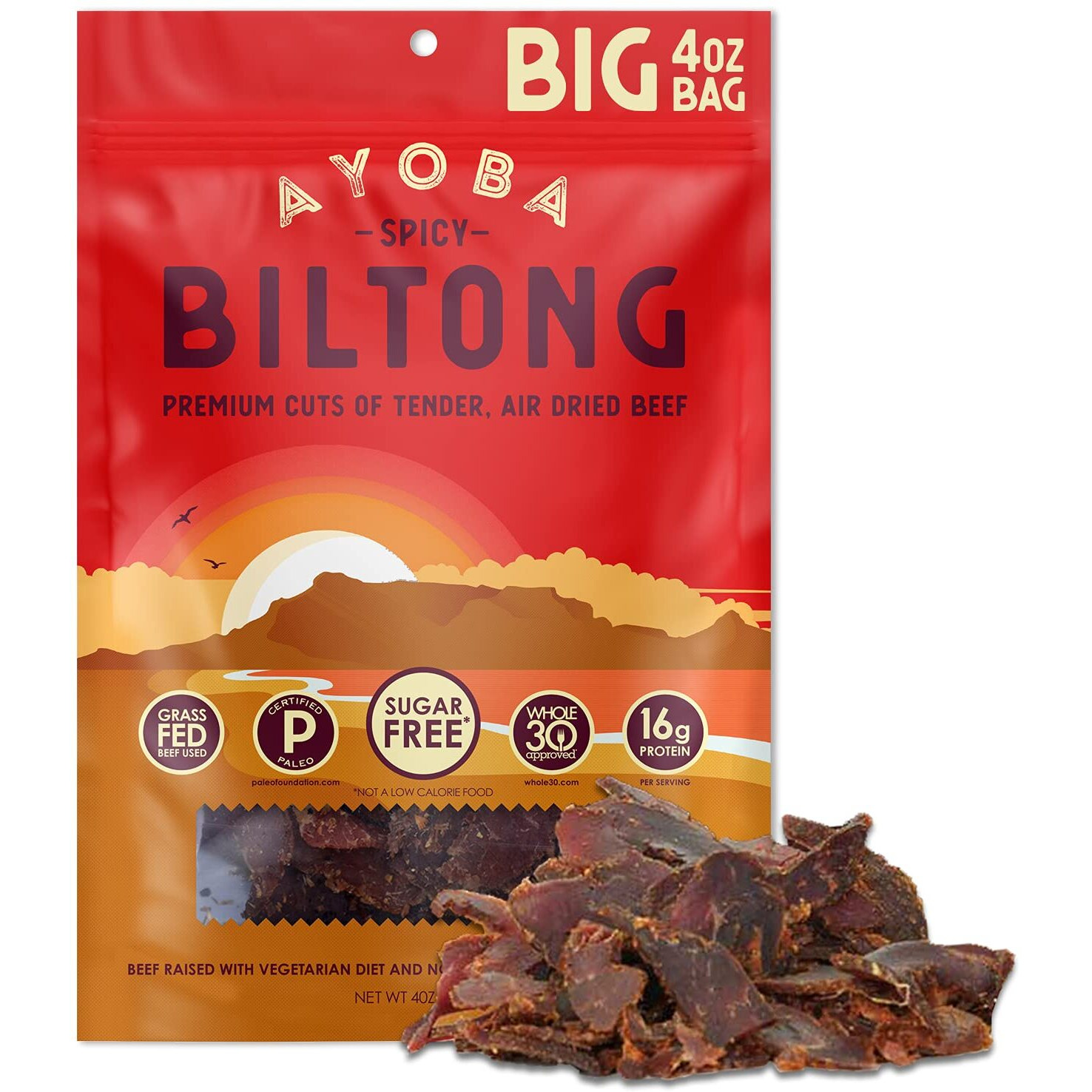 Ayoba Spicy Beef Biltong Slices (4 Ounce, Pack Of 1) Keto Friendly Air-Dried Grass Fed Beef Snack - Paleo, Gluten Free, Whole 30 Approved, No Sugar, No Carb Meat Snacks