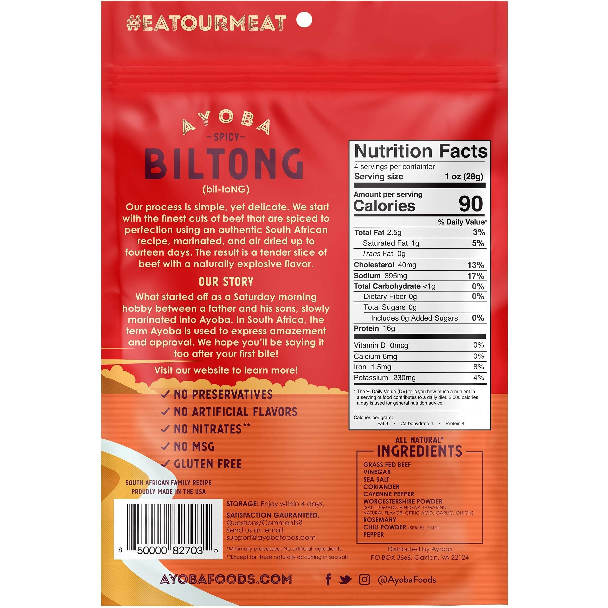 Ayoba Spicy Beef Biltong Slices (4 Ounce, Pack Of 1) Keto Friendly Air-Dried Grass Fed Beef Snack - Paleo, Gluten Free, Whole 30 Approved, No Sugar, No Carb Meat Snacks