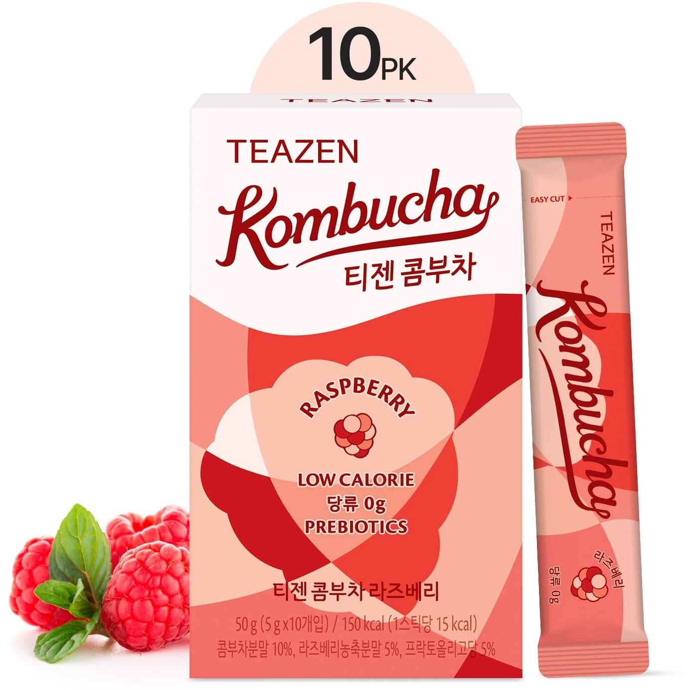 Teazen Raspberry Kombucha Tea, Hydration Drink Mix, Sugar Free, Live Probiotics & Prebiotics, 10 Sticks, 1.76Oz