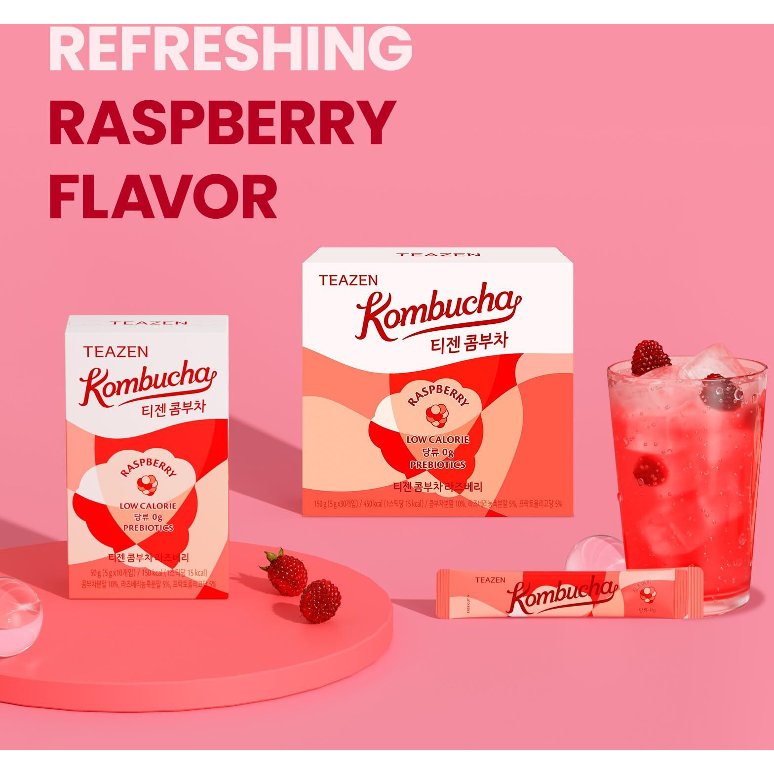Teazen Raspberry Kombucha Tea, Hydration Drink Mix, Sugar Free, Live Probiotics & Prebiotics, 10 Sticks, 1.76Oz