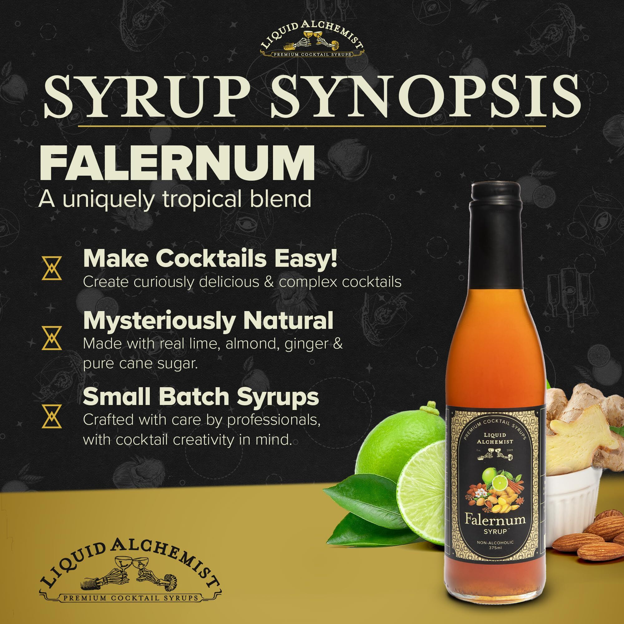 Liquid Alchemist Falernum Syrup For Cocktails - Real Ingredients Make Our Falernum Cocktail Syrup A Great Mixer For Any Tiki Cocktail - Our Falernum Drink Syrup Is Non-Gmo Gluten Free & Vegan (12 Oz)