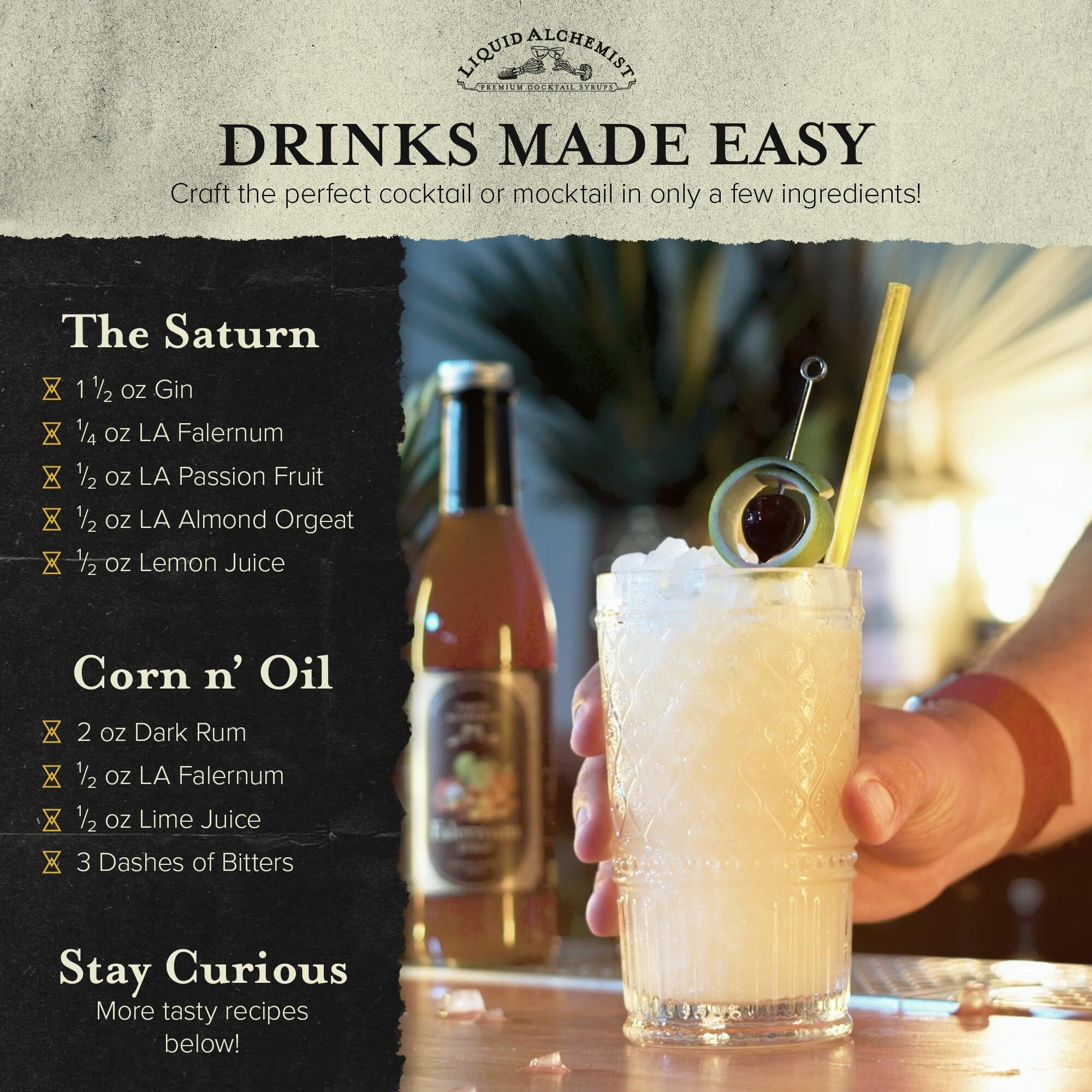 Liquid Alchemist Falernum Syrup For Cocktails - Real Ingredients Make Our Falernum Cocktail Syrup A Great Mixer For Any Tiki Cocktail - Our Falernum Drink Syrup Is Non-Gmo Gluten Free & Vegan (12 Oz)