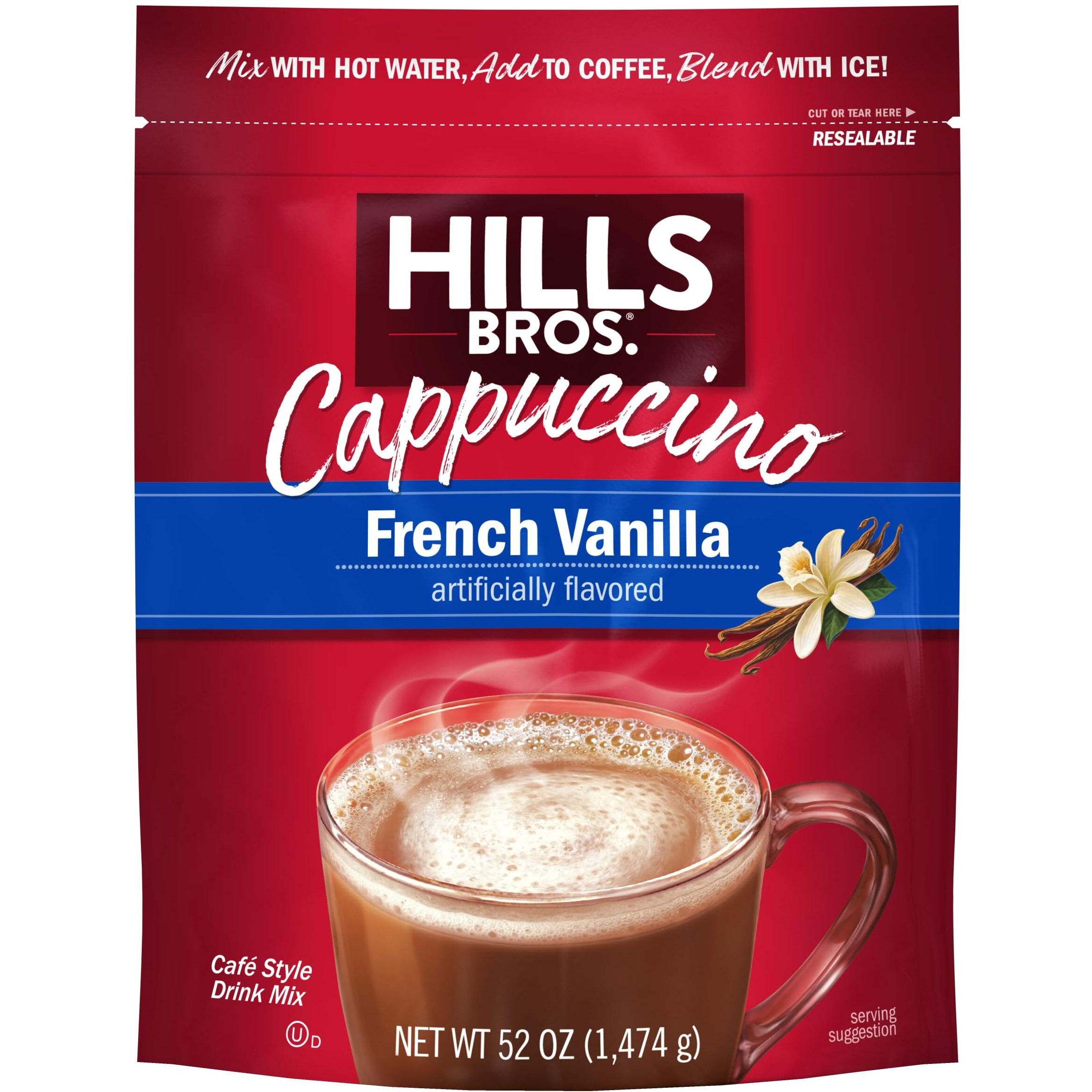 Hills Bros. Instant Cappuccino Mix, French Vanilla - Easy To Use, Enjoy Coffeehouse Flavor From Home - Decadent Cappuccino With A Hint Of Sweetness And Vanilla In Light Coffee, 52 Ounce Pouch