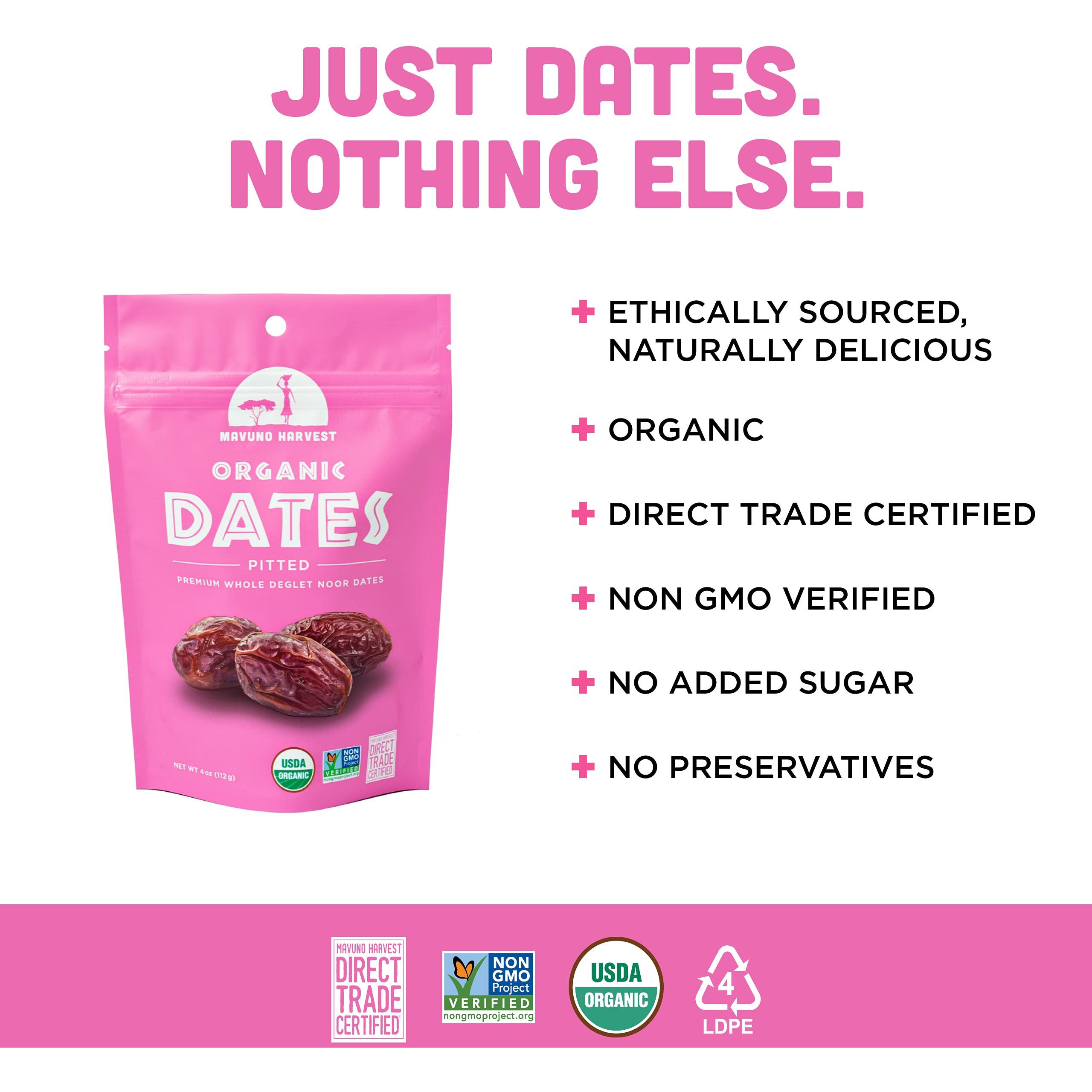 Mavuno Harvest Pitted Dates Dried Fruit Snacks | Organic Dried Dates | Healthy Snacks For Kids And Adults| Deglet Noor Dates | No Sugar Added, Vegan, Non Gmo | Resealable 2 Ounce Bags, Pack Of 6