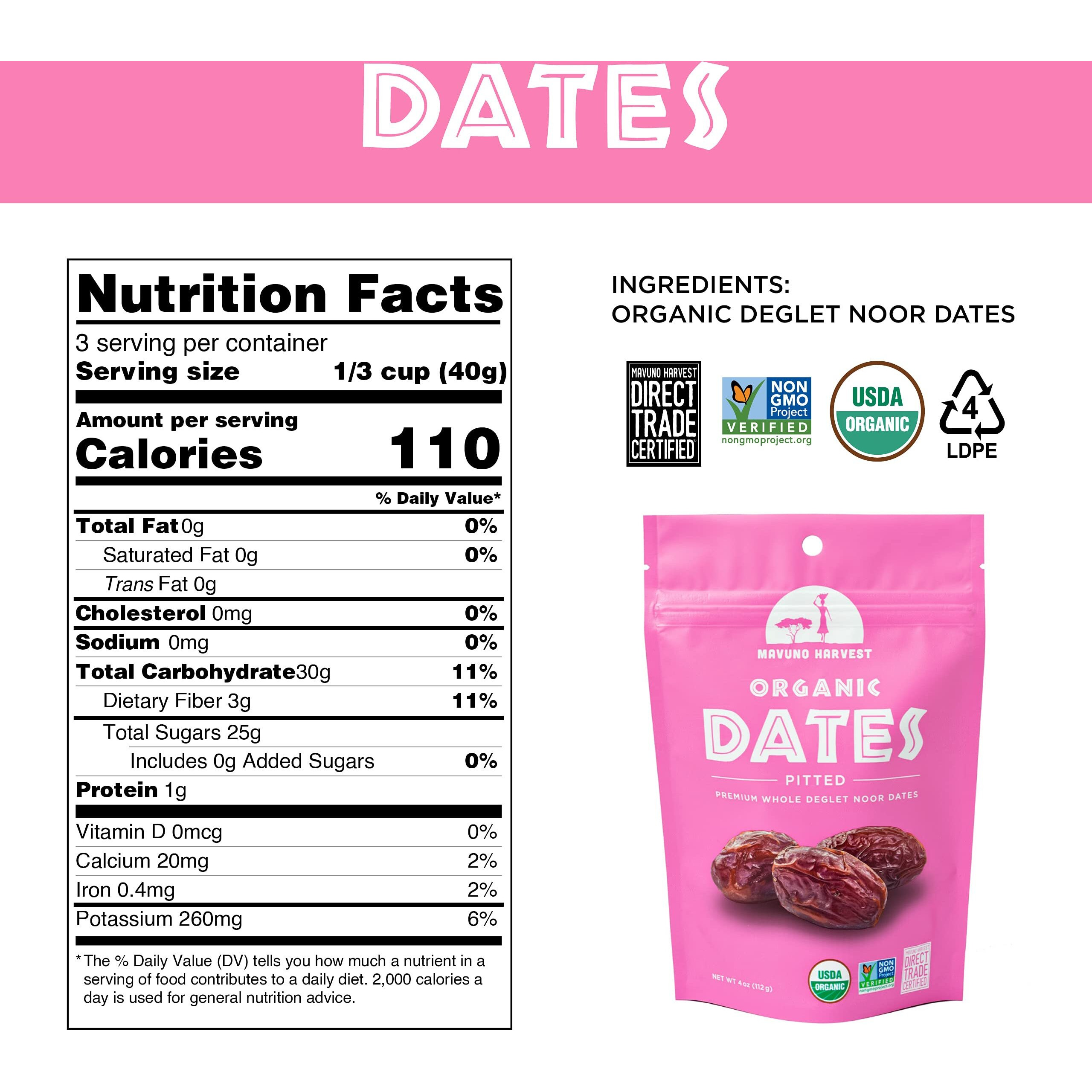 Mavuno Harvest Pitted Dates Dried Fruit Snacks | Organic Dried Dates | Healthy Snacks For Kids And Adults| Deglet Noor Dates | No Sugar Added, Vegan, Non Gmo | Resealable 2 Ounce Bags, Pack Of 6