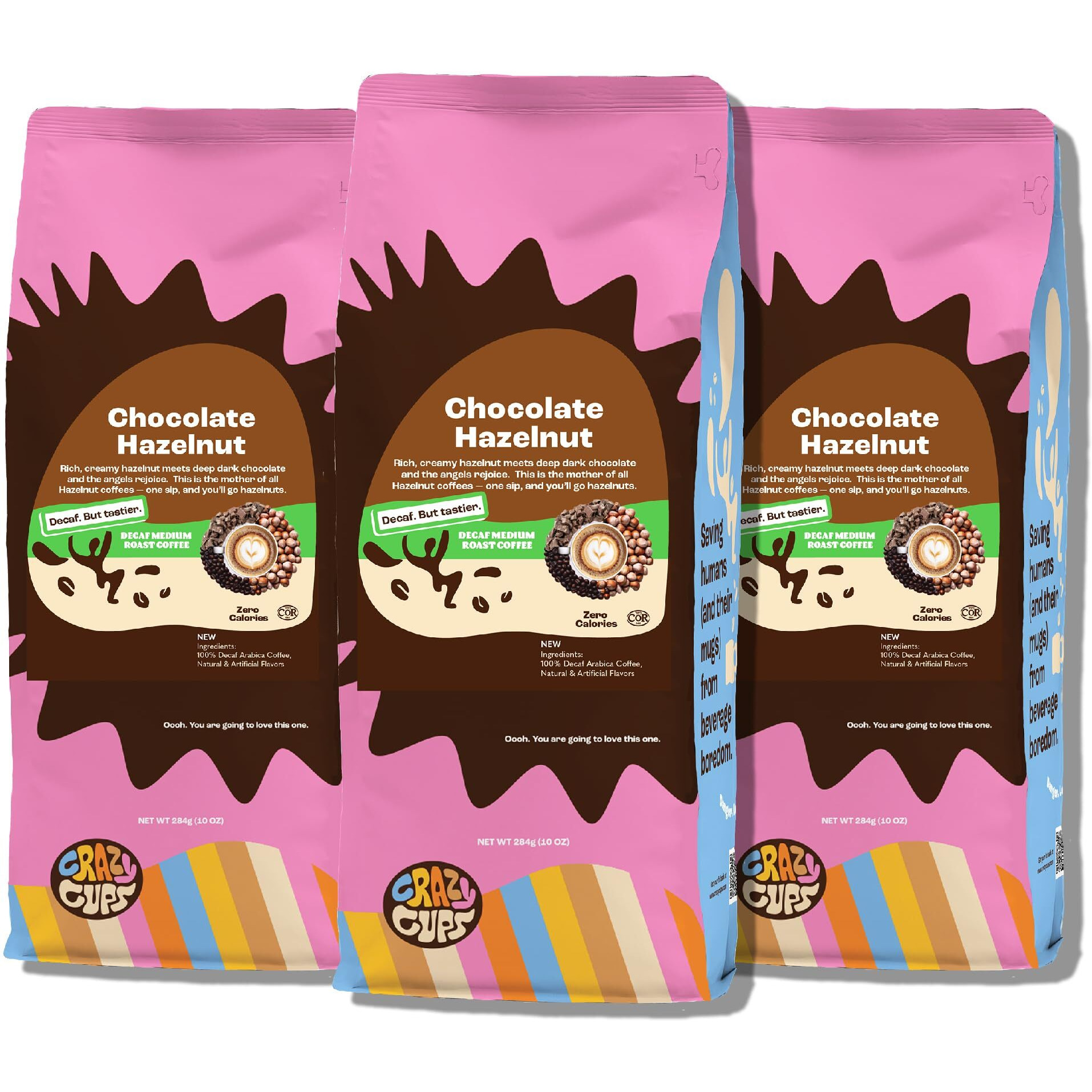 Crazy Cups Flavored Decaf Ground Coffee, Hazelnut Coffee Flavored Ground Coffee, Decaffeinated Coffee For Brewing Decaf Coffee Ground Hot Or Iced Coffee, 10 Oz Bags 3 Count Value Pack