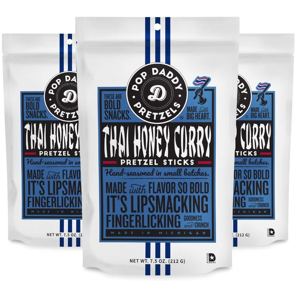 Pop Daddy Flavored Pretzels Sticks | Healthy Gourmet Pretzels Snacks | 7.5Oz Individual Bags | 3 Pack | Thai Honey Curry