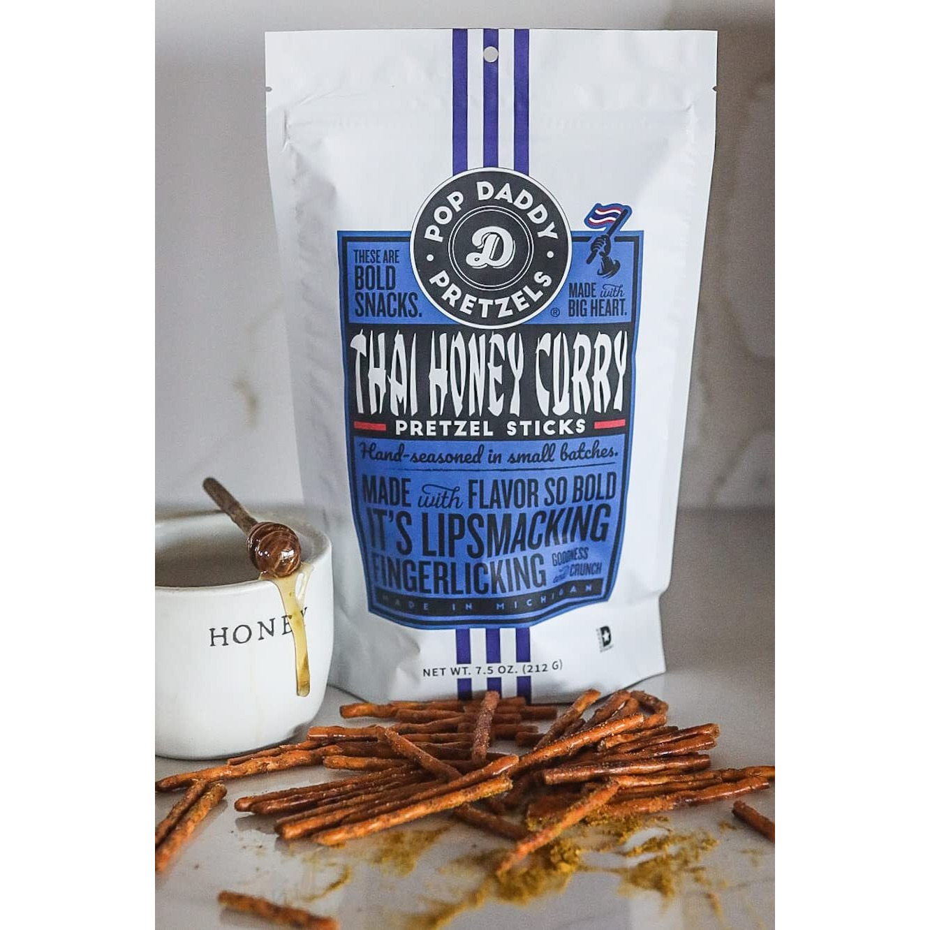 Pop Daddy Flavored Pretzels Sticks | Healthy Gourmet Pretzels Snacks | 7.5Oz Individual Bags | 3 Pack | Thai Honey Curry