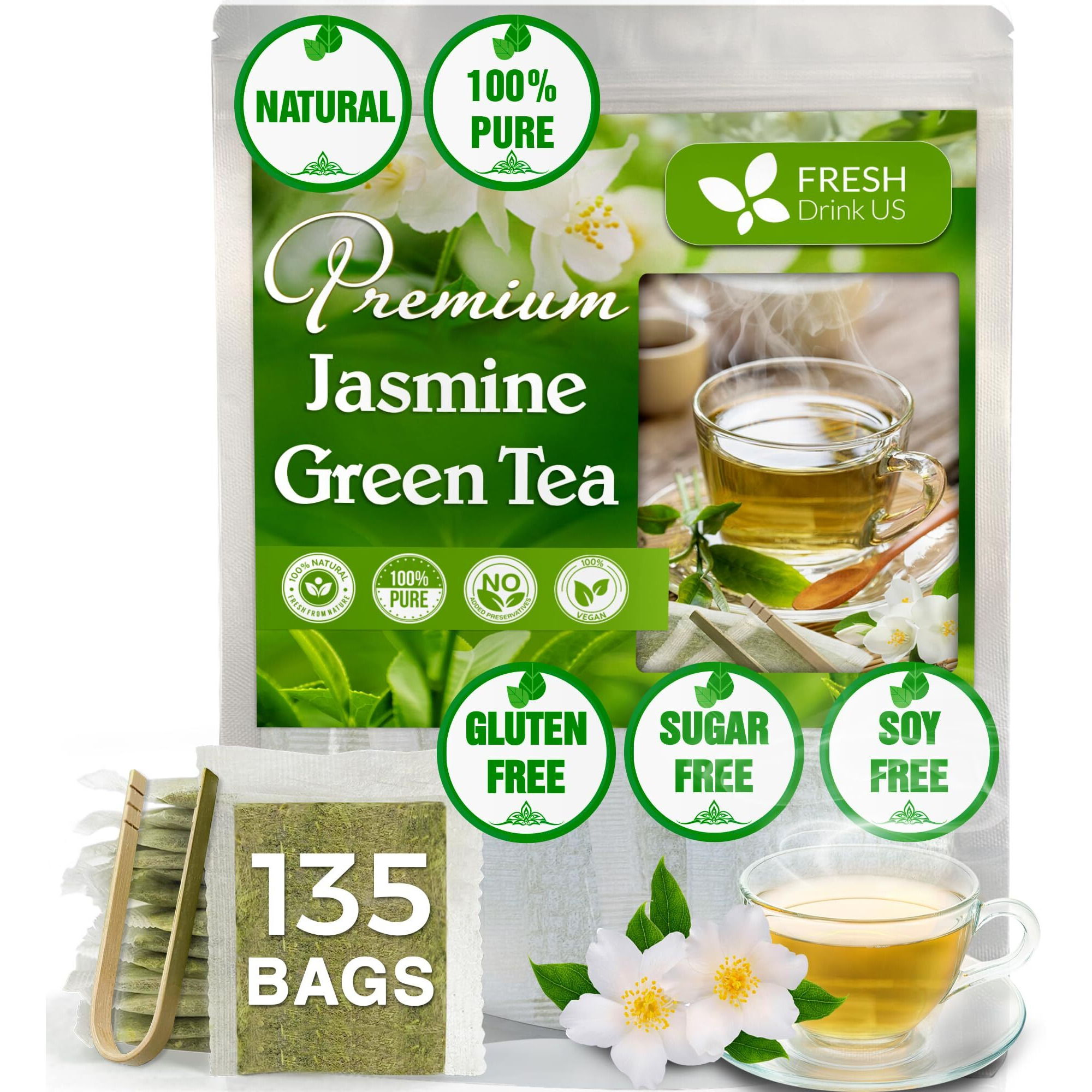 Freshdrinkus, Premium 135 Jasmine Green Tea Bags, 100% Natural & Pure From Jasmine Green Tea. Jasmine Green Herbal Tea. Made With Natural Material Tea Bags. No Sugar, No Gluten, Vegan.