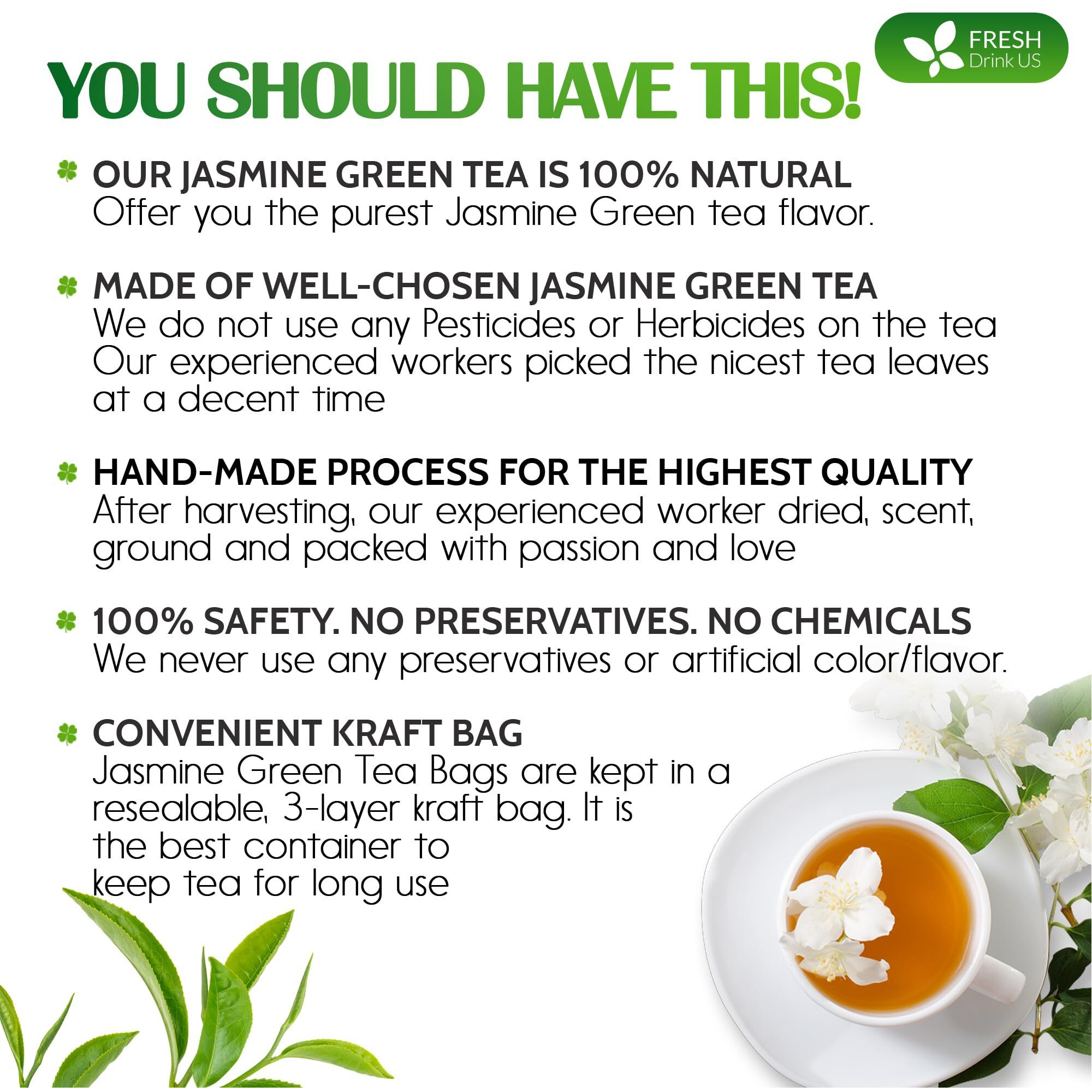 Freshdrinkus, Premium 135 Jasmine Green Tea Bags, 100% Natural & Pure From Jasmine Green Tea. Jasmine Green Herbal Tea. Made With Natural Material Tea Bags. No Sugar, No Gluten, Vegan.