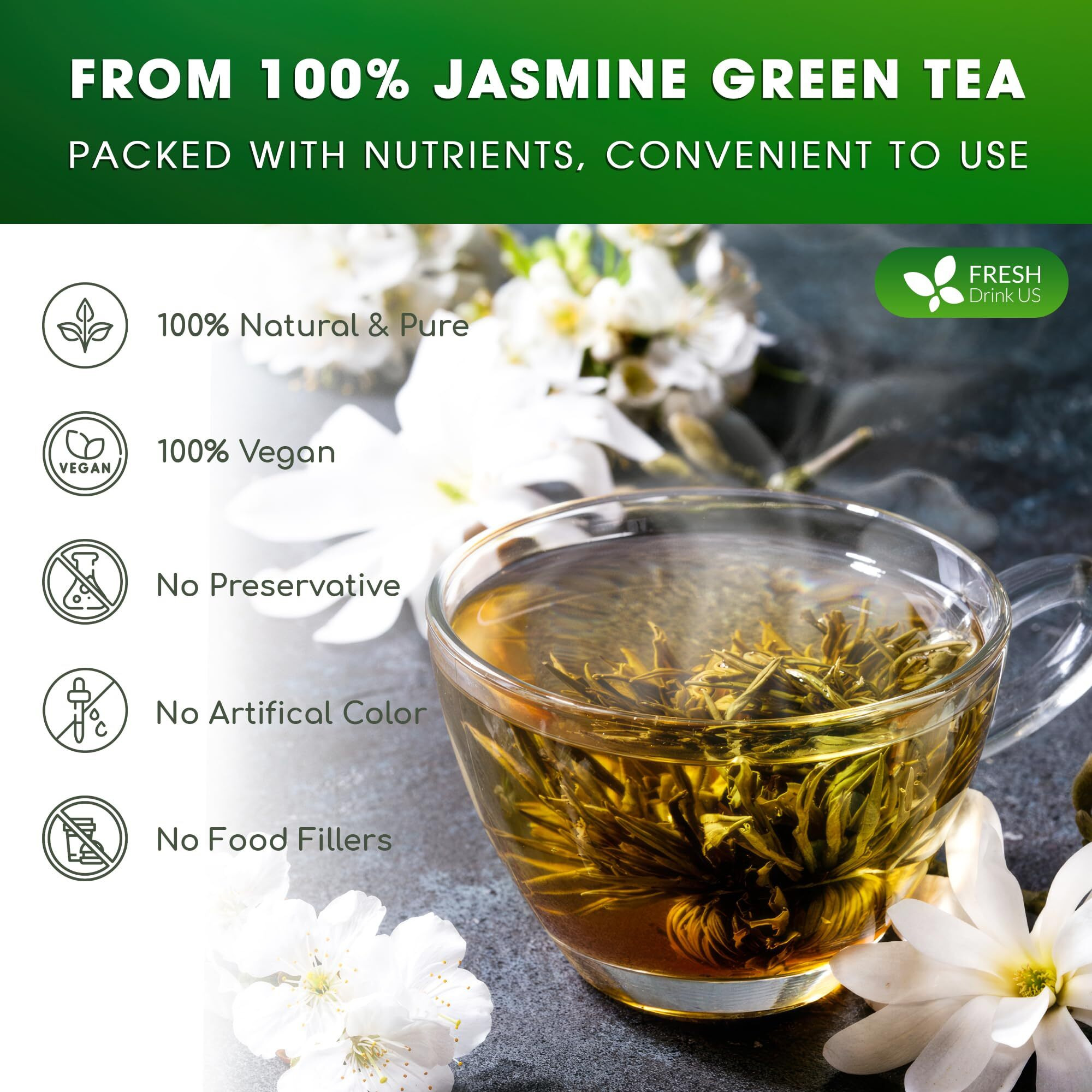 Freshdrinkus, Premium 135 Jasmine Green Tea Bags, 100% Natural & Pure From Jasmine Green Tea. Jasmine Green Herbal Tea. Made With Natural Material Tea Bags. No Sugar, No Gluten, Vegan.