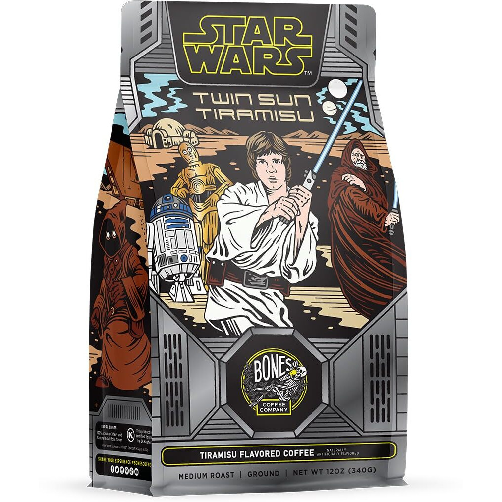 Bones Coffee Company Star Wars Inspired Whole Coffee Beans Tiramisu Flavor, Low Acid Flavored Coffee, Made With Arabica Coffee Beans, Medium Roast Coffee, Twin Sun Tiramisu(12 Oz)
