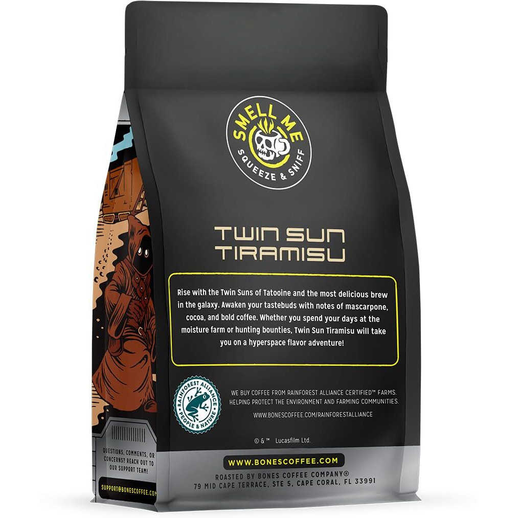 Bones Coffee Company Star Wars Inspired Whole Coffee Beans Tiramisu Flavor, Low Acid Flavored Coffee, Made With Arabica Coffee Beans, Medium Roast Coffee, Twin Sun Tiramisu(12 Oz)