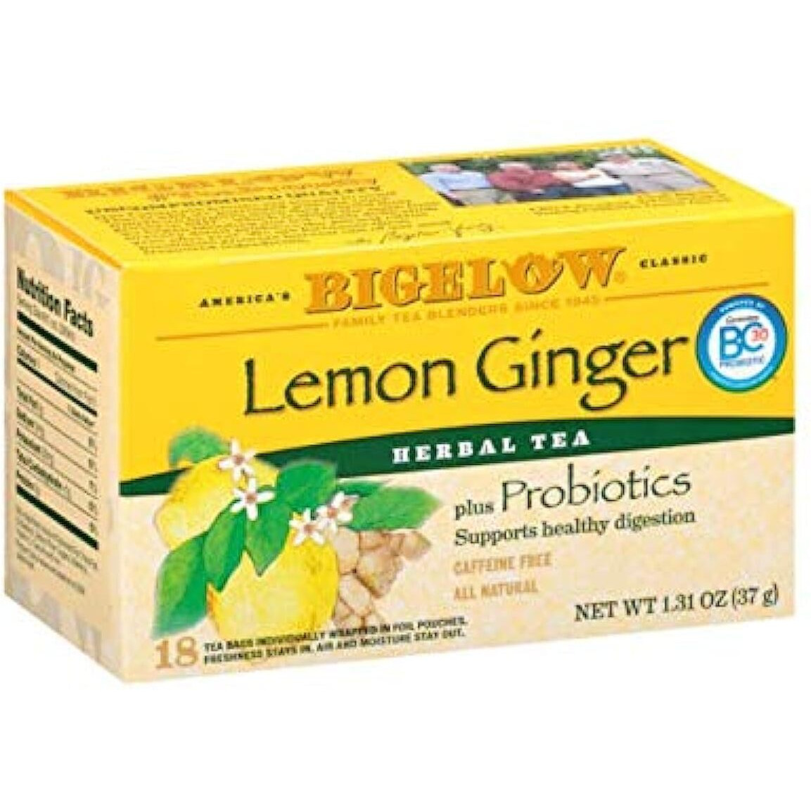 Bigelow Tea Lemon Ginger Plus Probiotics Herbal Tea Bags, 18 Count Box (Pack Of 1) Caffeine Free Herbal Tea, 18 Tea Bags