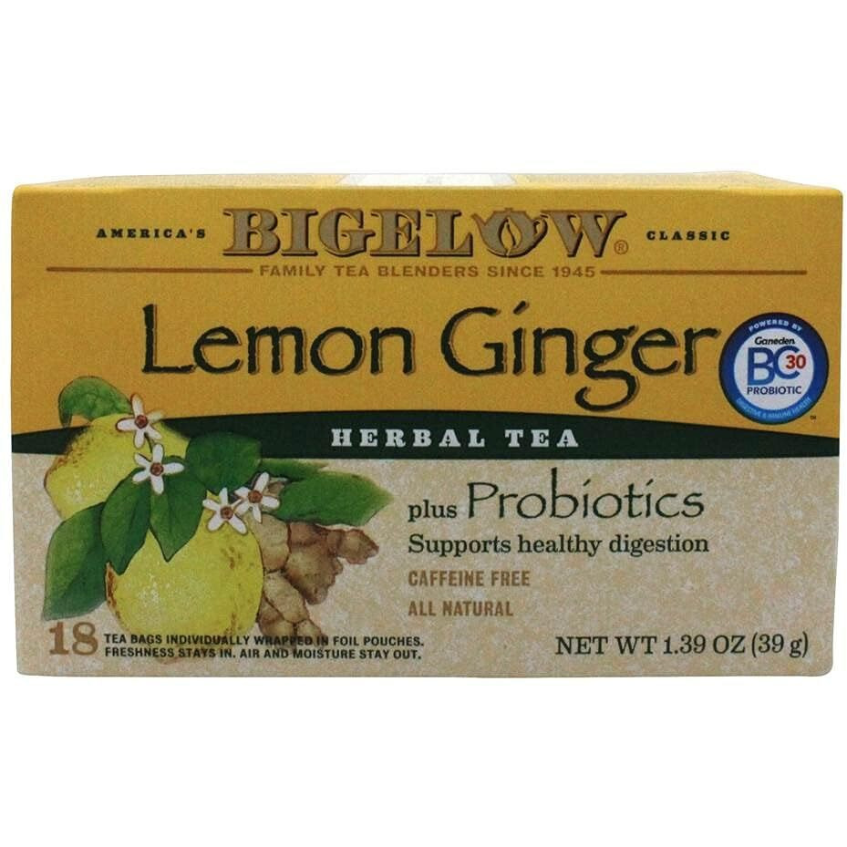 Bigelow Tea Lemon Ginger Plus Probiotics Herbal Tea Bags, 18 Count Box (Pack Of 1) Caffeine Free Herbal Tea, 18 Tea Bags