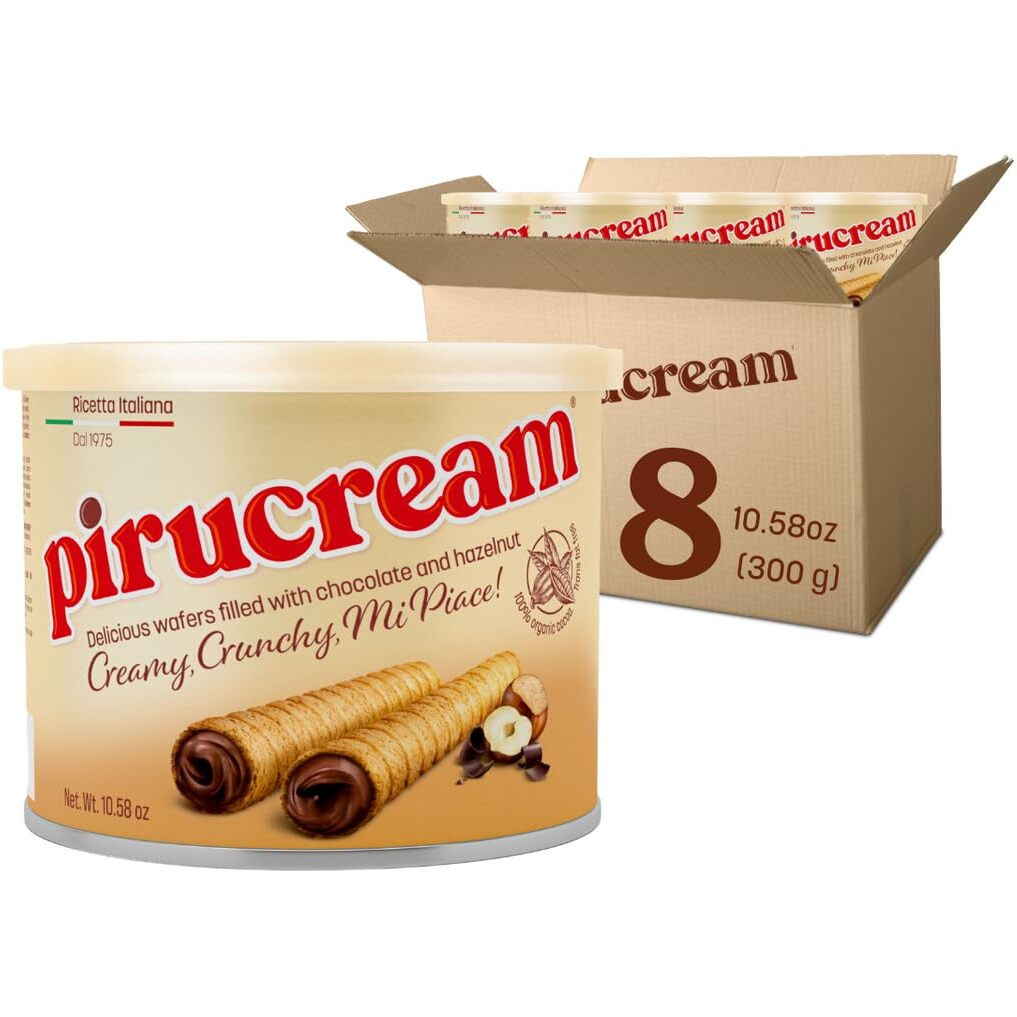 Pirucream Wafer Rolls - Delicious Crispy Chocolate Hazelnut Rolled Wafers Filled Italian Snack Sticks Roll For Screen Time Relaxing Coffee Cookie Ice Cream Snacking Break (300Gr/ 10.58Oz Each One - 8 Pack Tin)