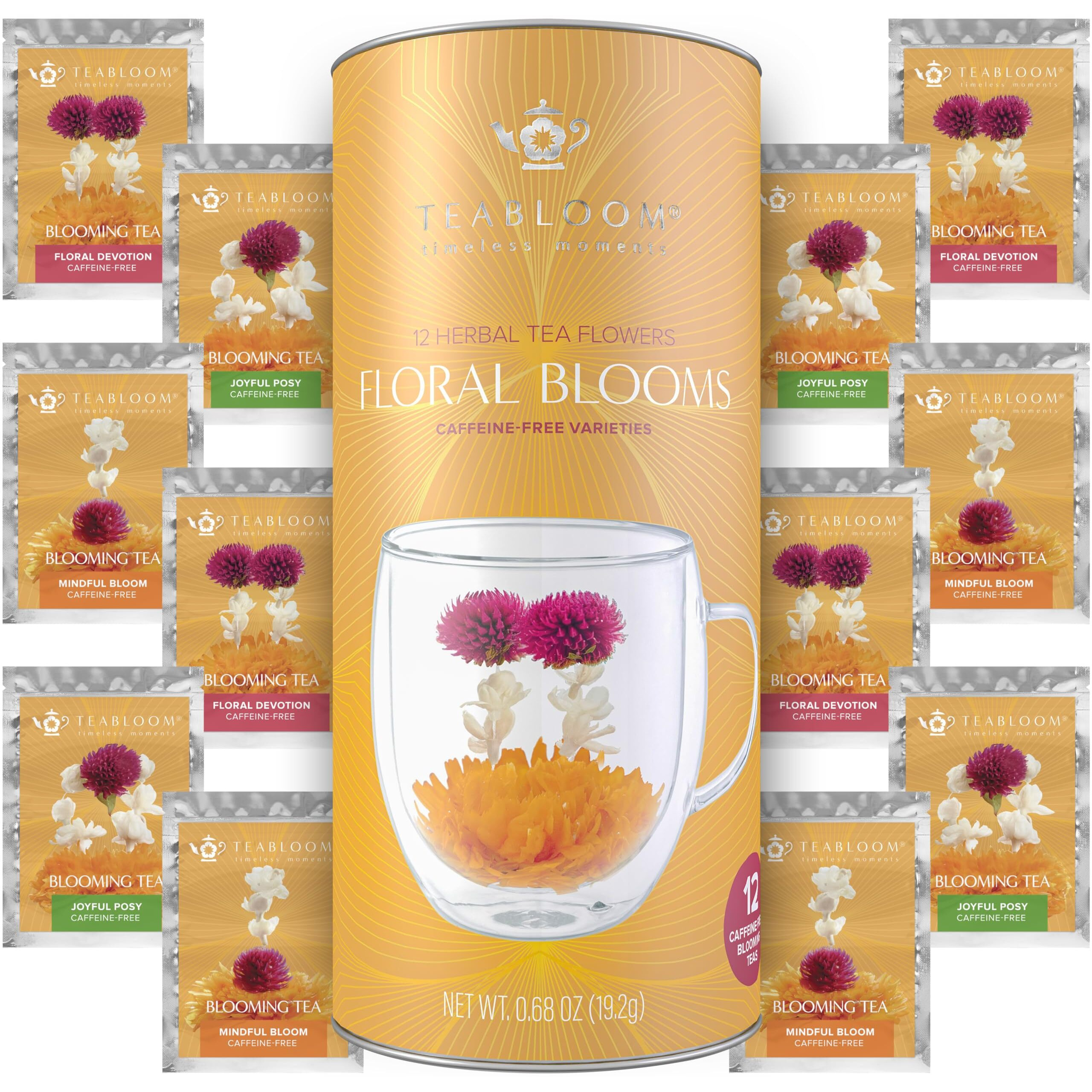 Teabloom Caffeine-Free Petite Blooming Teas - Gift Canister Of 12 Assorted Flowering Teas - Ideal With Teabloom Borosilicate Glass Cups Or Smaller Teapots