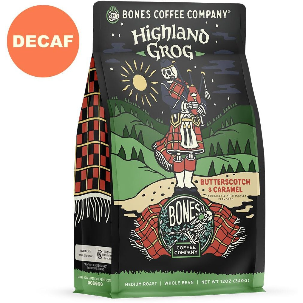 Bones Coffee Company Decaf Highland Grog Whole Coffee Beans Butterscotch Caramel Flavor, Low Acid Flavored Coffee, Made With Arabica Coffee Beans, Medium Roast Gourmet Coffee (12 Oz)