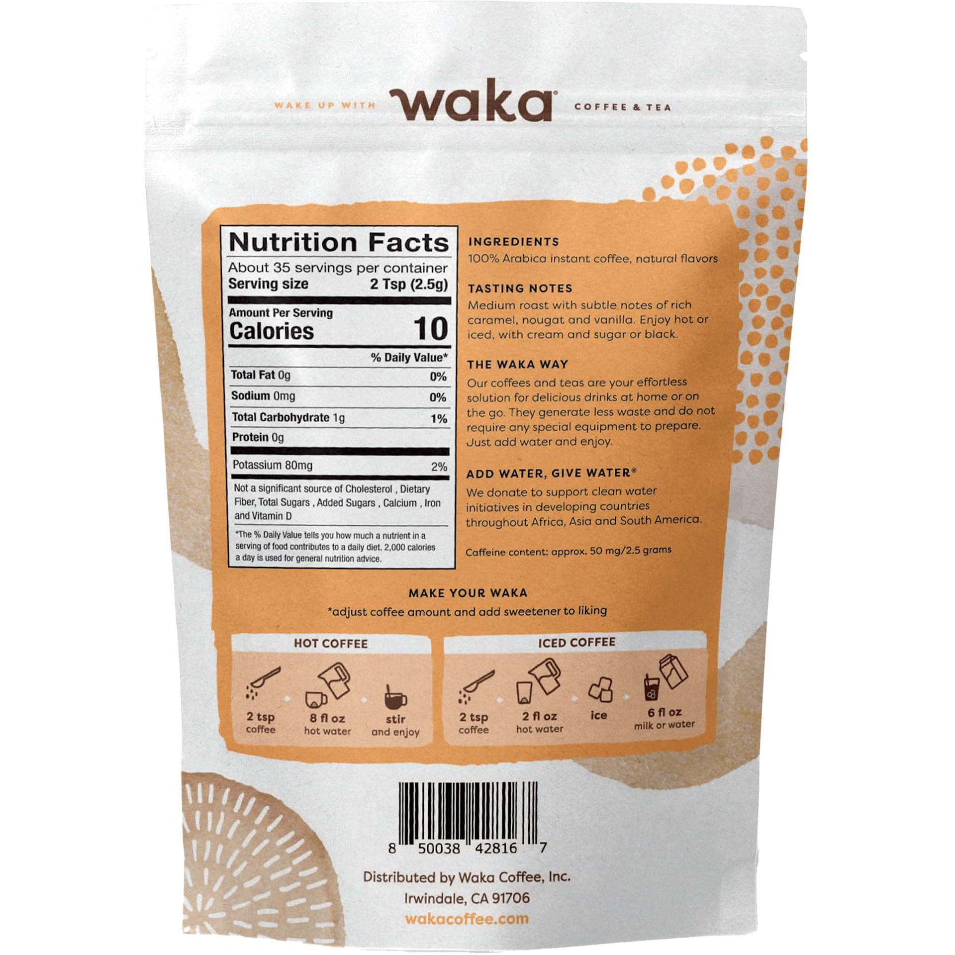 Waka Instant Coffee, Butterscotch Vanilla Flavored - 100% Arabica Beans, Freeze Dried Granules, No Additives - Bulk Bag For Quick Hot And Iced Coffees, Up To 35 Cups (3.5Oz)