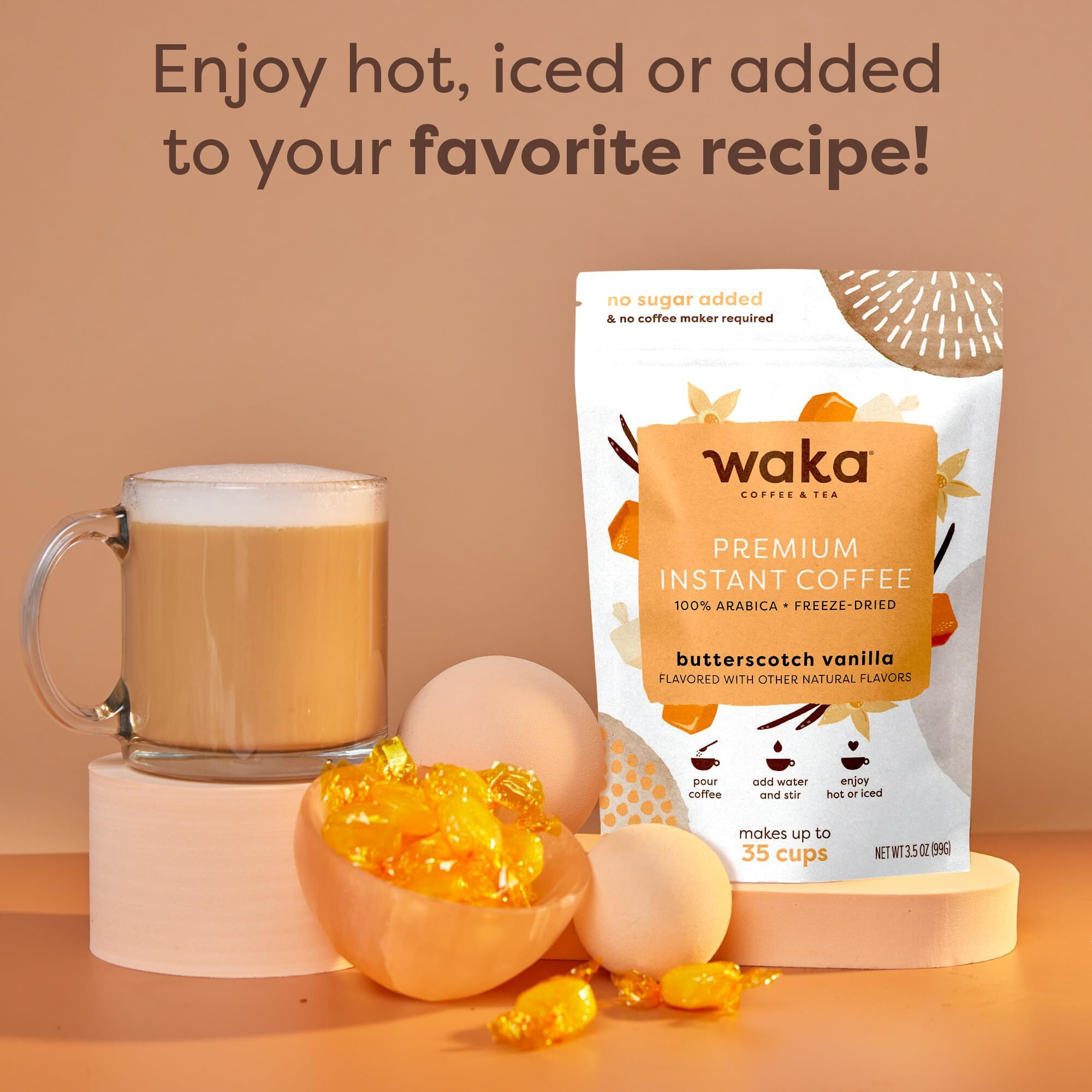 Waka Instant Coffee, Butterscotch Vanilla Flavored - 100% Arabica Beans, Freeze Dried Granules, No Additives - Bulk Bag For Quick Hot And Iced Coffees, Up To 35 Cups (3.5Oz)