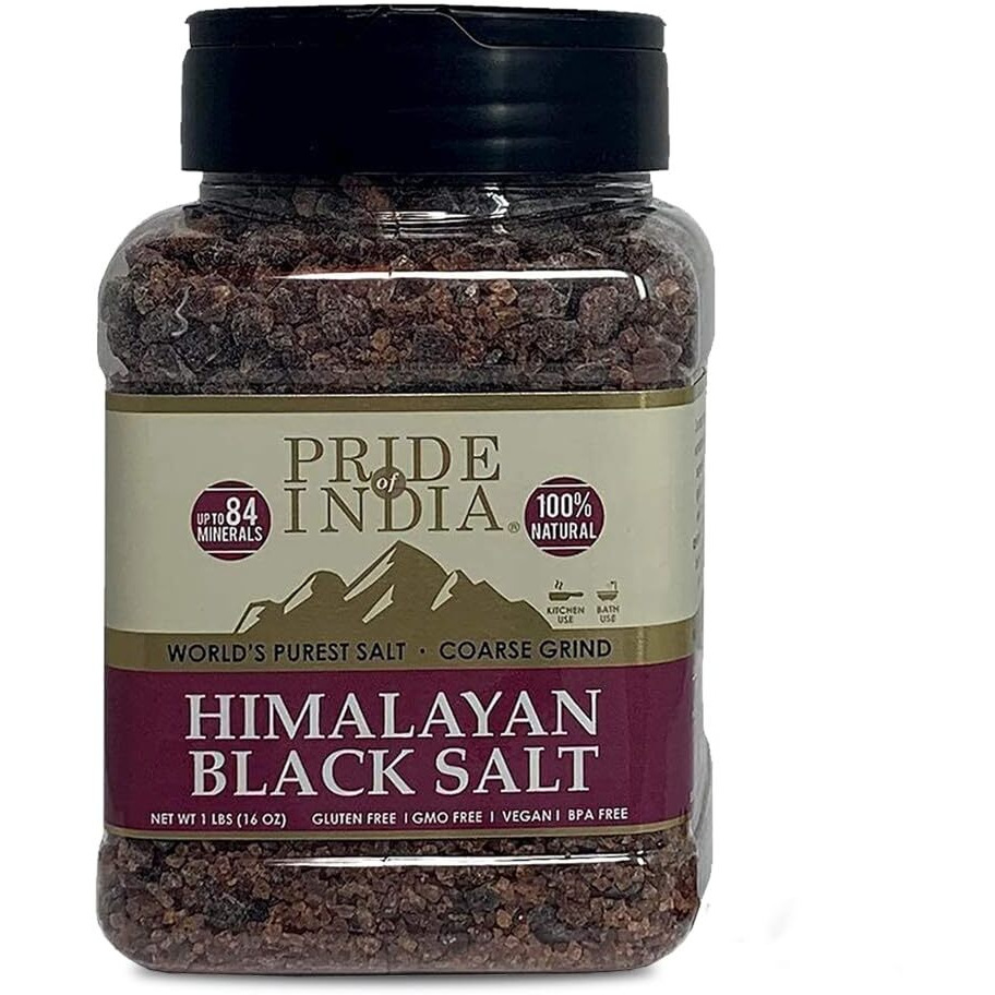 Pride Of India - Himalayan Black Salt - Coarse Grind, 1 Pound (16Oz) Jar - Kala Namak - Contains 84+ Minerals - Use In Grinders, Restaurants & Cooking - Perfect For Faux Egg Recipes & Vegan Scramble
