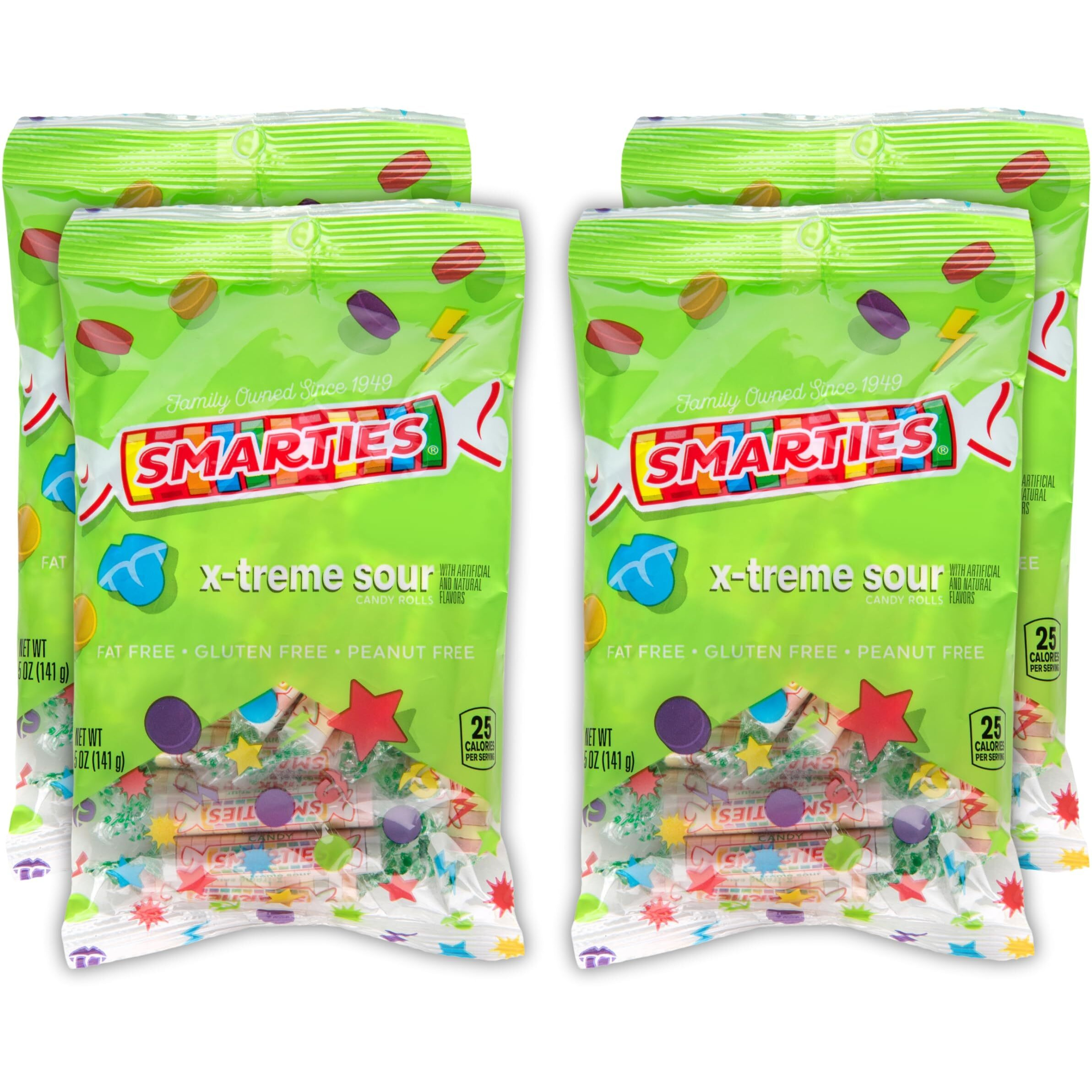 Smarties X-Treme Sour Sugar Candy | Gluten Free Peanut Free Dairy Free | Vegan Friendly Halloween Treat | Made By Smarties Candy In The Usa Individually Wrapped - 5 Oz Bags (Pack Of 4)