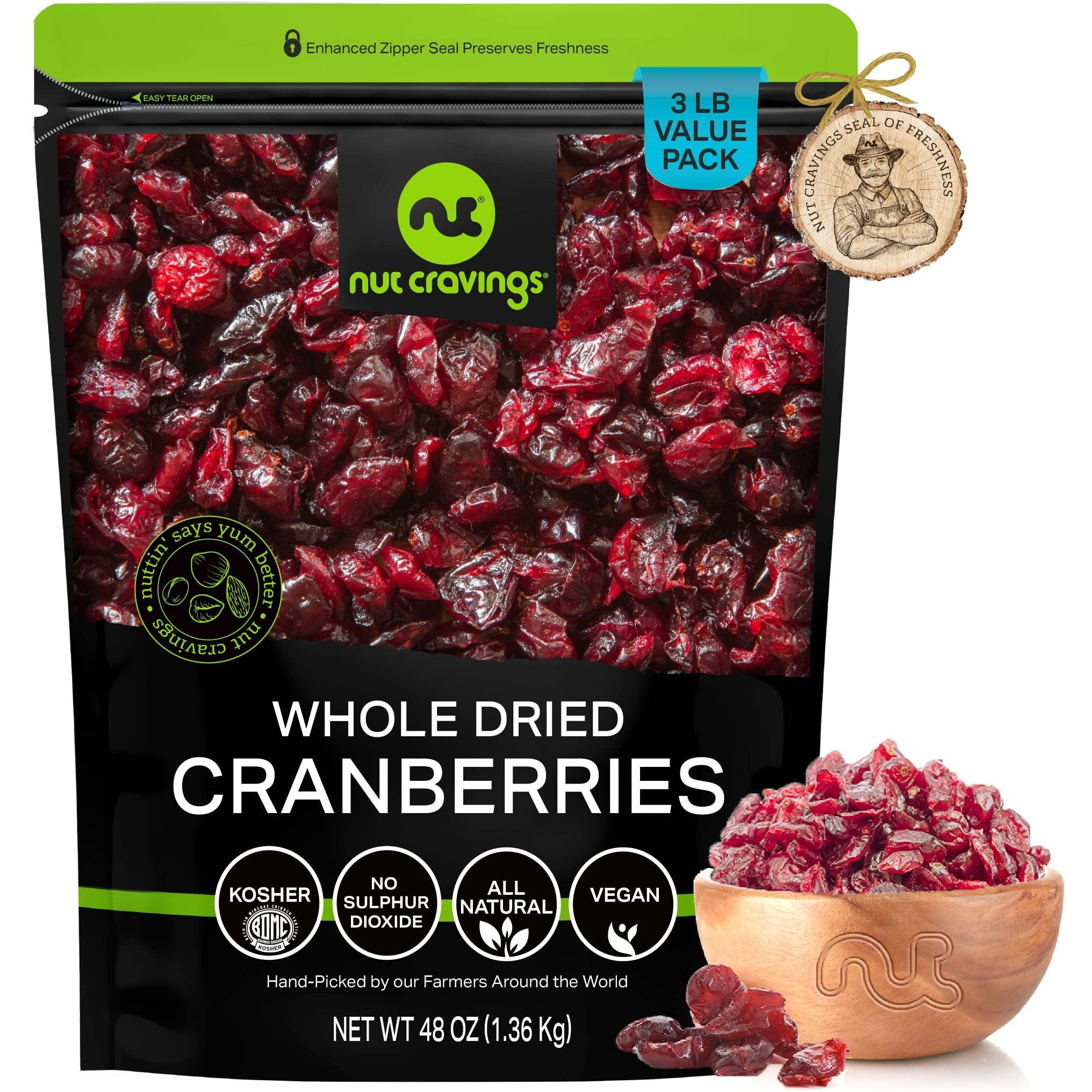 Nut Cravings Dry Fruits - Sun Dried Whole Cranberries, Lightly Sweetened (48Oz - 3 Lb) Packed Fresh In Resealable Bag - Sweet Snack, Healthy Food, All Natural, Vegan, Kosher Certified
