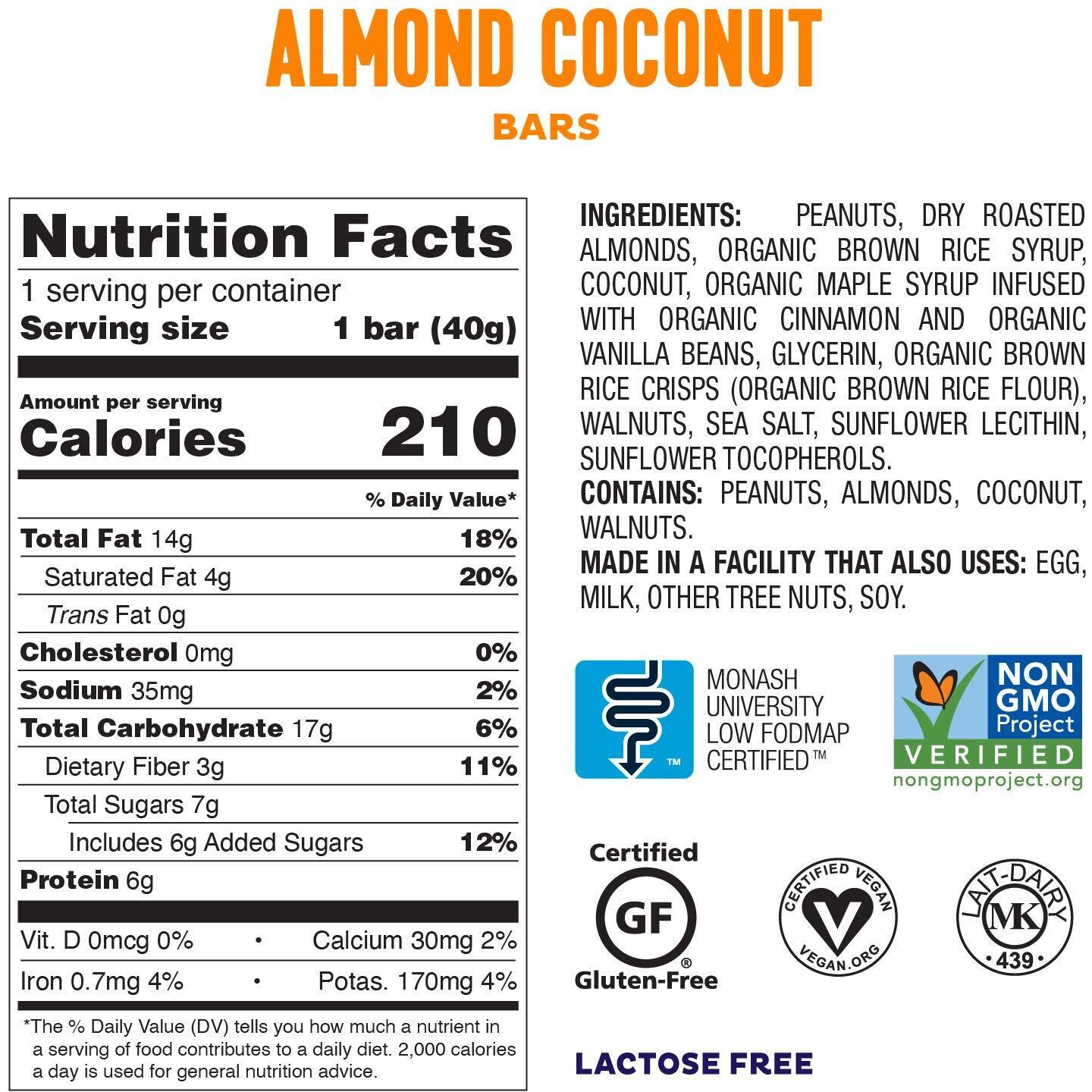 Fody Foods Vegan Protein Nut Bars, Almond And Coconut Flavor, 6G Protein Per Bar, Low Fodmap Certified, Sensitive Recipe, Gut & Ibs Friendly, 6 Count