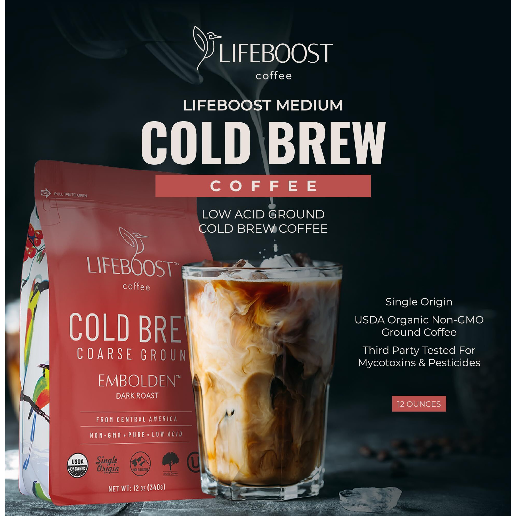 Lifeboost Dark Cold Brew Coffee - Low Acid Coarse Ground Coffee For Cold Brew - Single Origin Non-Gmo Usda Organic Cold Brew Coffee Grounds - 3Rd Party Tested For Mycotoxins & Pesticides - 12 Ounces