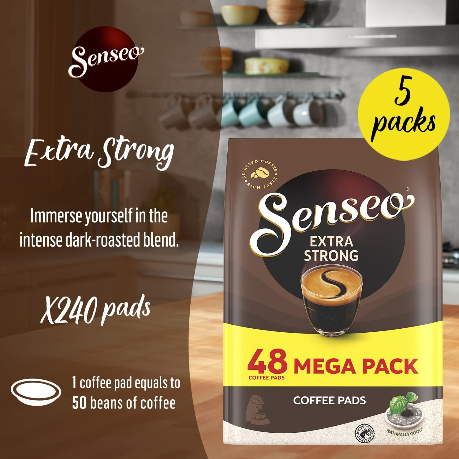 Senseo Extra Strong Coffee Pods Bag - Extra Strong Roast - 5 Bags Of 48 Single Serve Coffee Pods - 240 Count, 8 Grams - Bulk Packaged For Decreased Waste Rich, Smooth Flavor