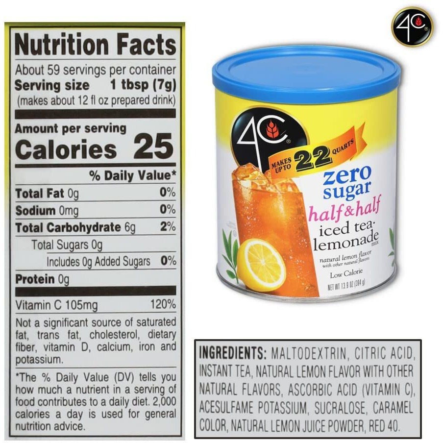 4C Light Powdered Drink Mix Cannisters, Zero Sugar Half & Half 3 Pack, 22 Quarts, Family Sized Cannister, Low Calorie, Thirst Quenching Flavors