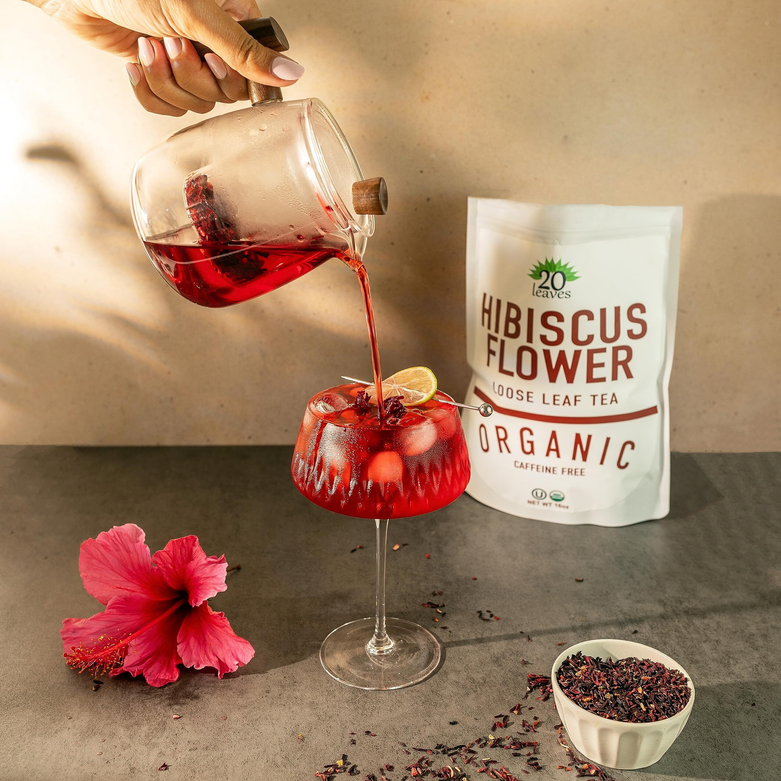 Hibiscus Flower Loose Leaf Tea - 100% Certified Organic - Herbal Tisane - Caffeine Free Hot Loose Leaf Tea - 1Lb Pouch - 16Oz Resealable Bag - 1 Pack