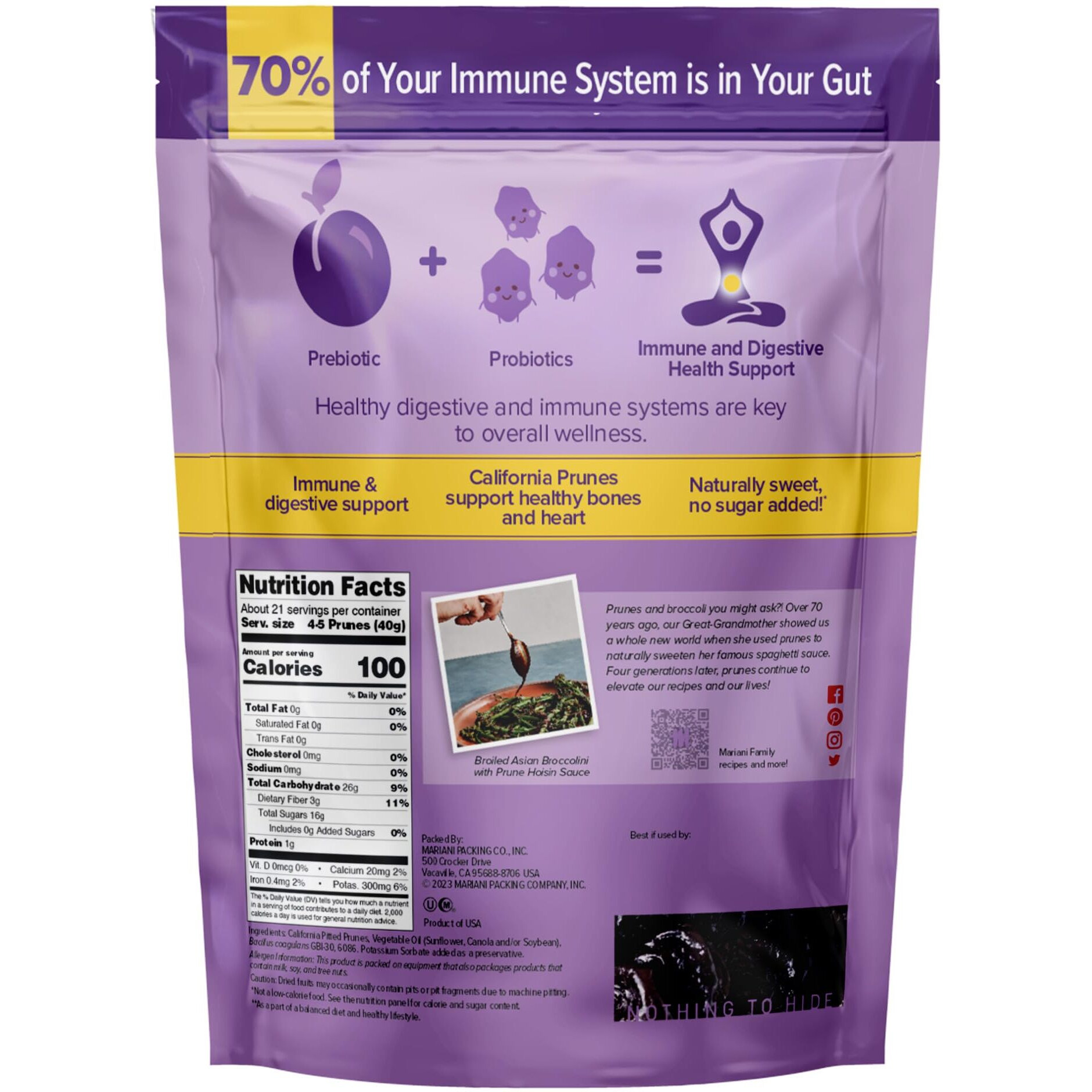 Mariani Probiotic Prunes, 30 Oz - Resealable Bag, Dried Pitted Plums With Ganedenbc30 Probiotic Cultures, High Fiber, Supports Digestive Health