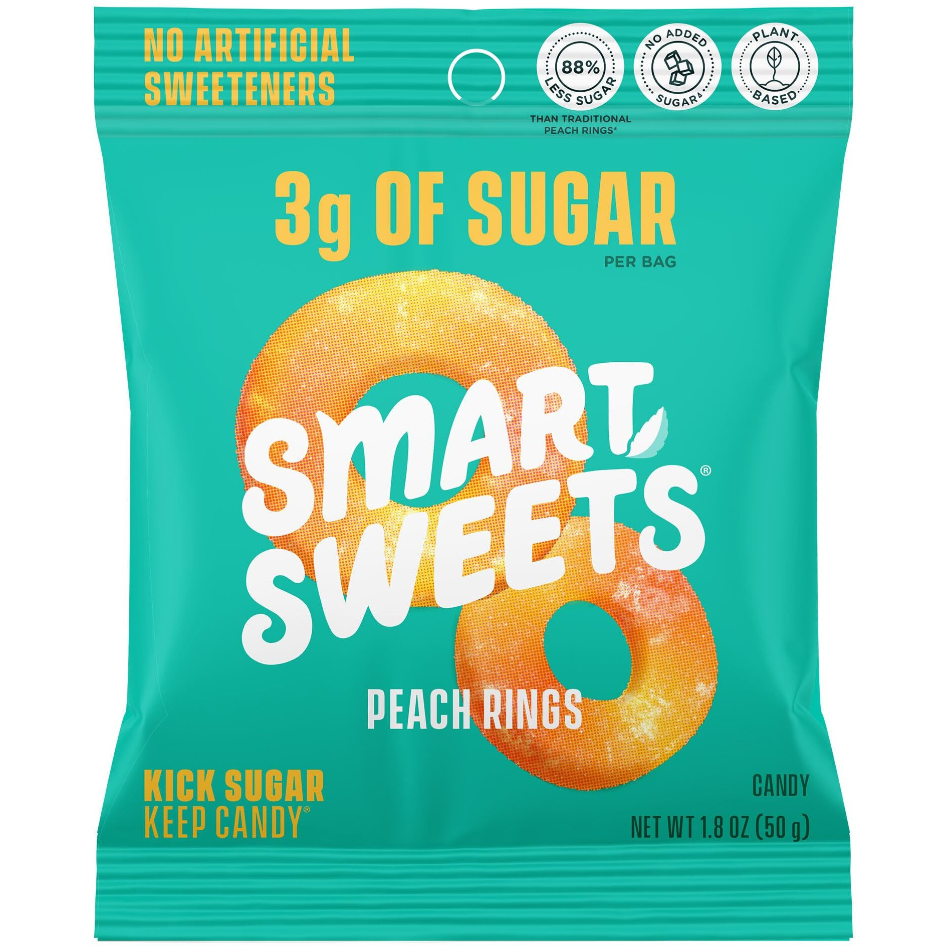 Smartsweets Peach Rings, Low Sugar Gummy Candy (3G), Low Calorie (130), Gluten-Free -1.8Oz (Pack Of 12) Packaging May Vary