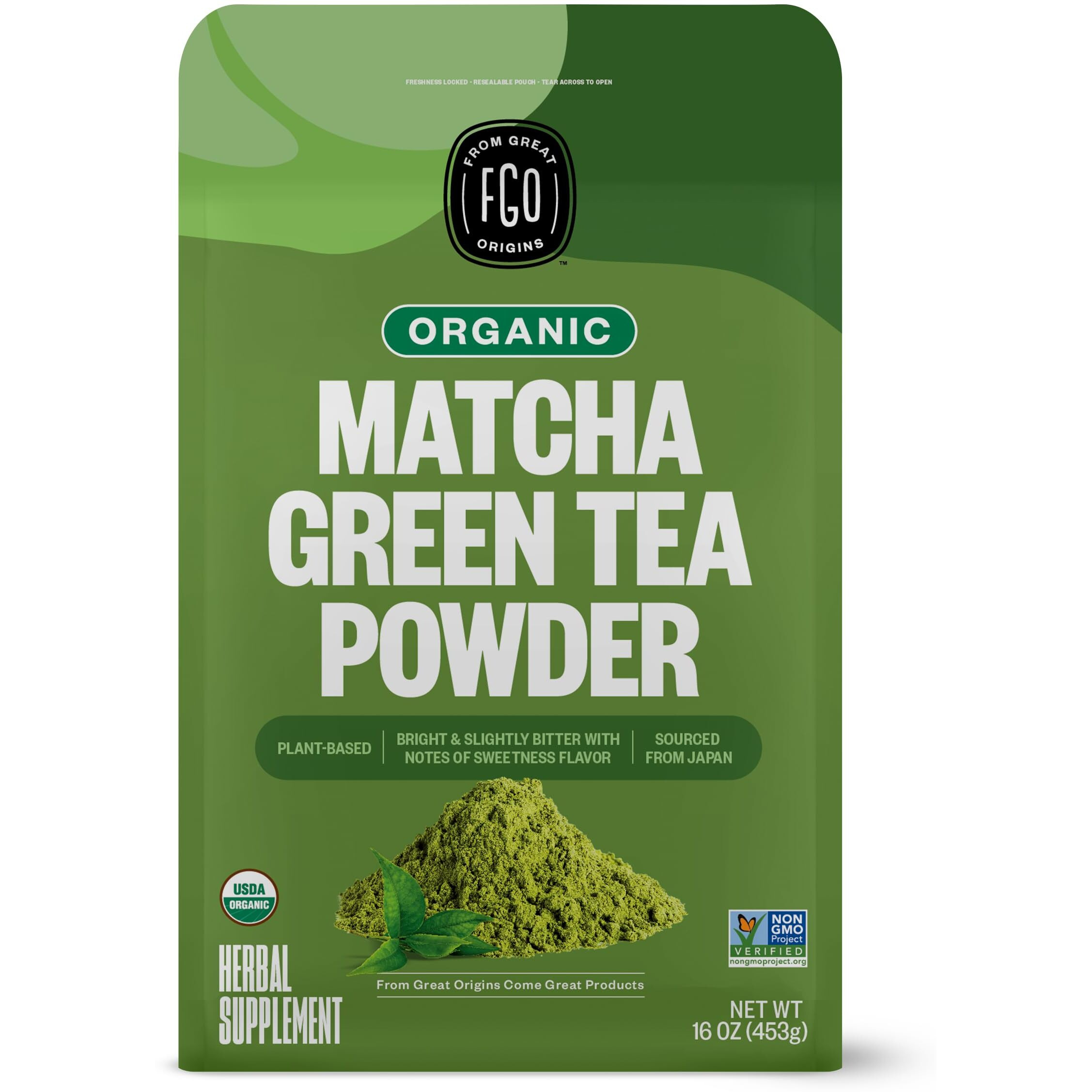 Fgo Organic Matcha Green Tea Powder, Japanese Culinary Grade, Resealable Bag, 16Oz, Packaging May Vary (Pack Of 1)