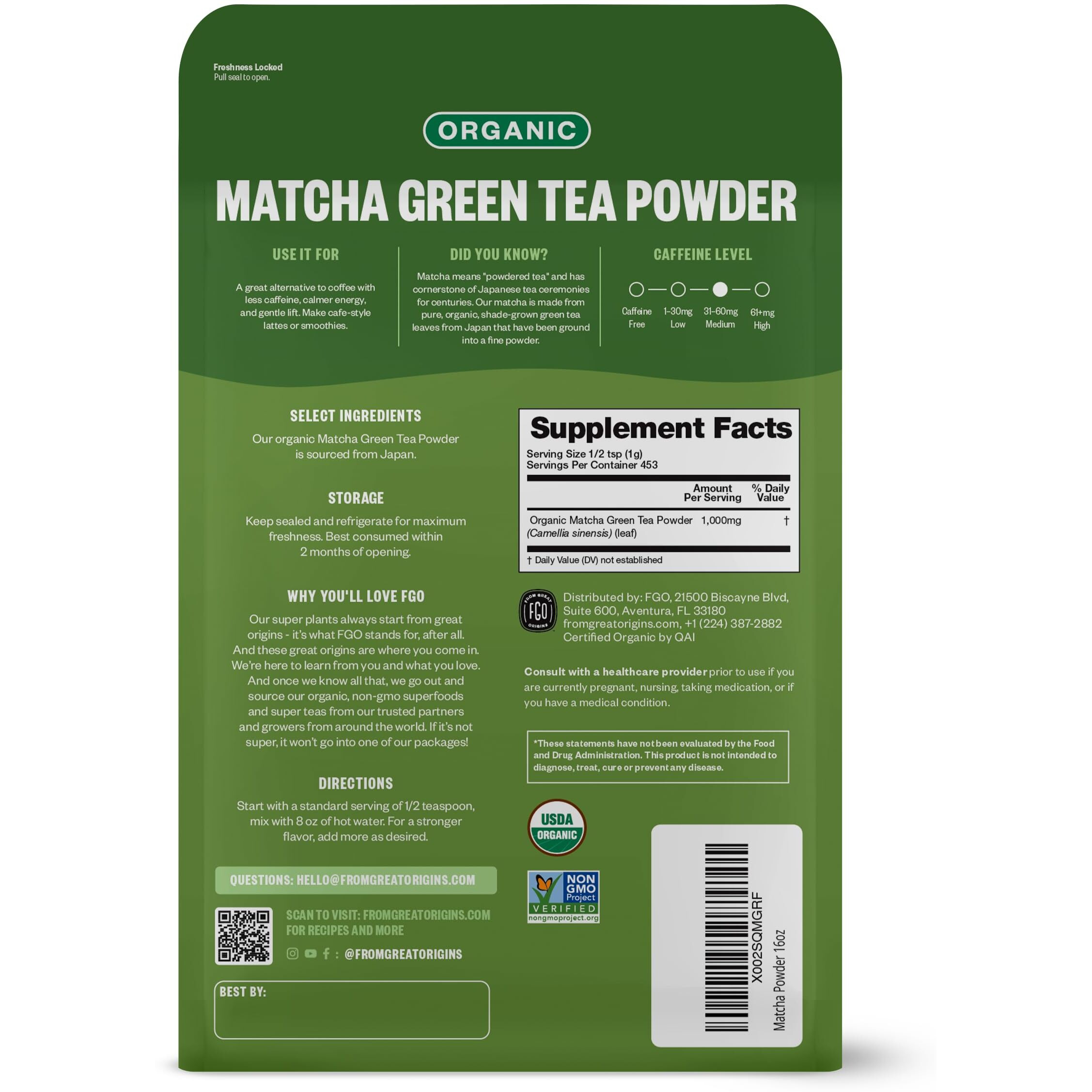 Fgo Organic Matcha Green Tea Powder, Japanese Culinary Grade, Resealable Bag, 16Oz, Packaging May Vary (Pack Of 1)