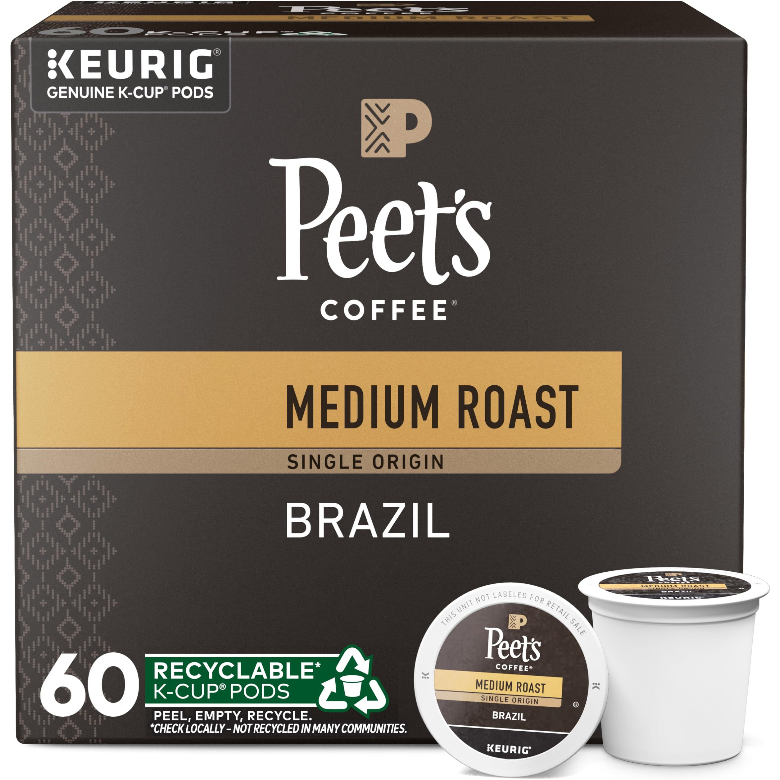 Peet's Coffee, Medium Roast K-Cup Pods For Keurig Brewers - Single Origin Brazil 60 Count (6 Boxes Of 10 K-Cup Pods)