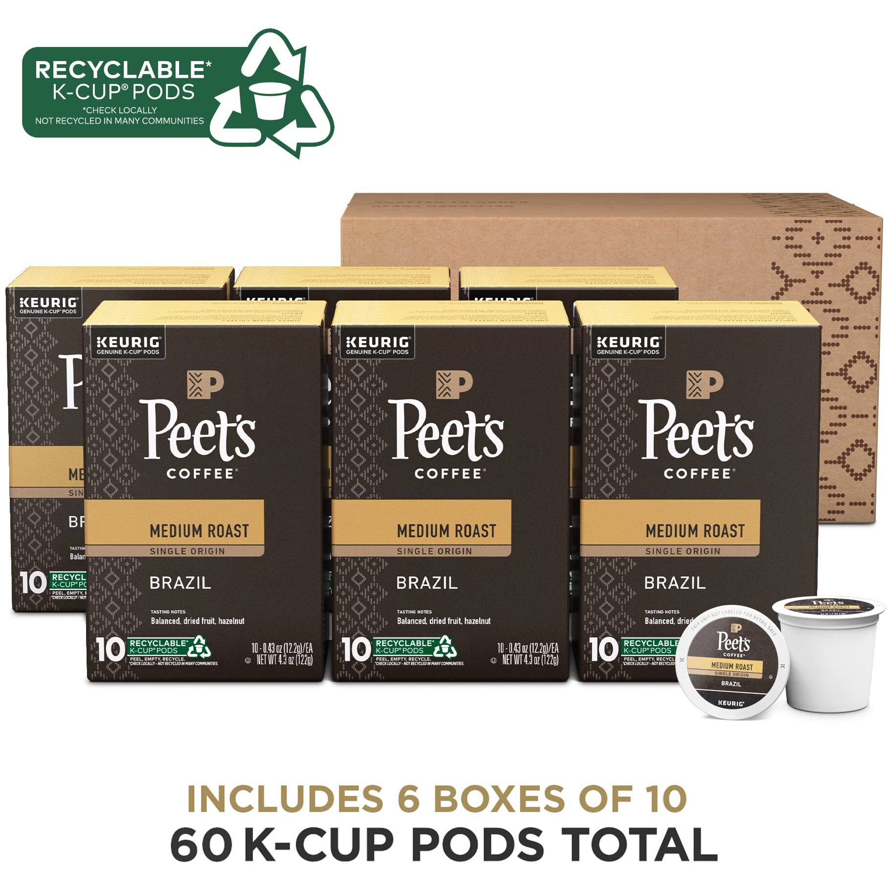 Peet's Coffee, Medium Roast K-Cup Pods For Keurig Brewers - Single Origin Brazil 60 Count (6 Boxes Of 10 K-Cup Pods)