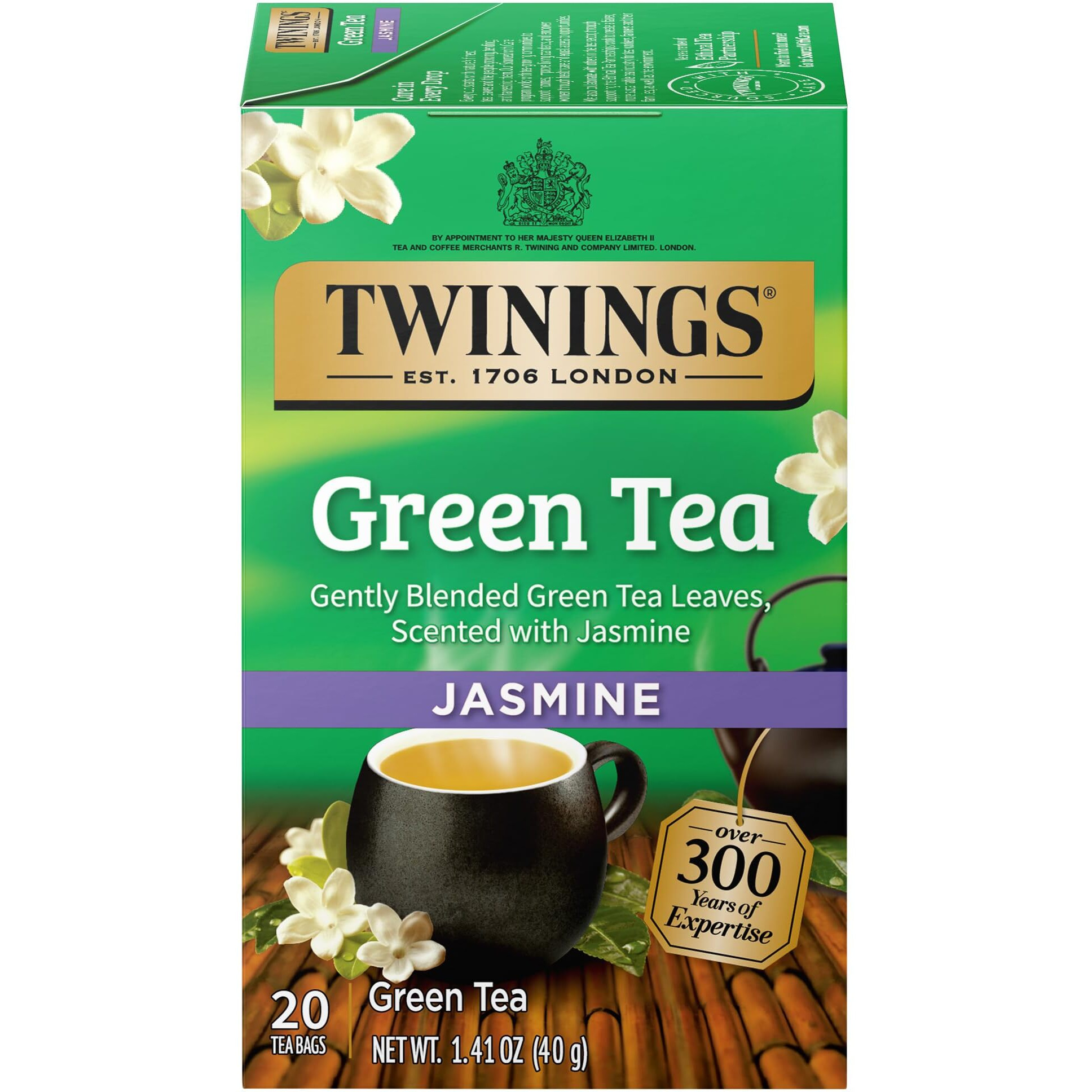 Twinings Green Tea With Jasmine, 20 Count (Pack Of 6), Individually Wrapped Bags, Fragrant Floral Scent, Caffeinated, Enjoy Hot Or Iced