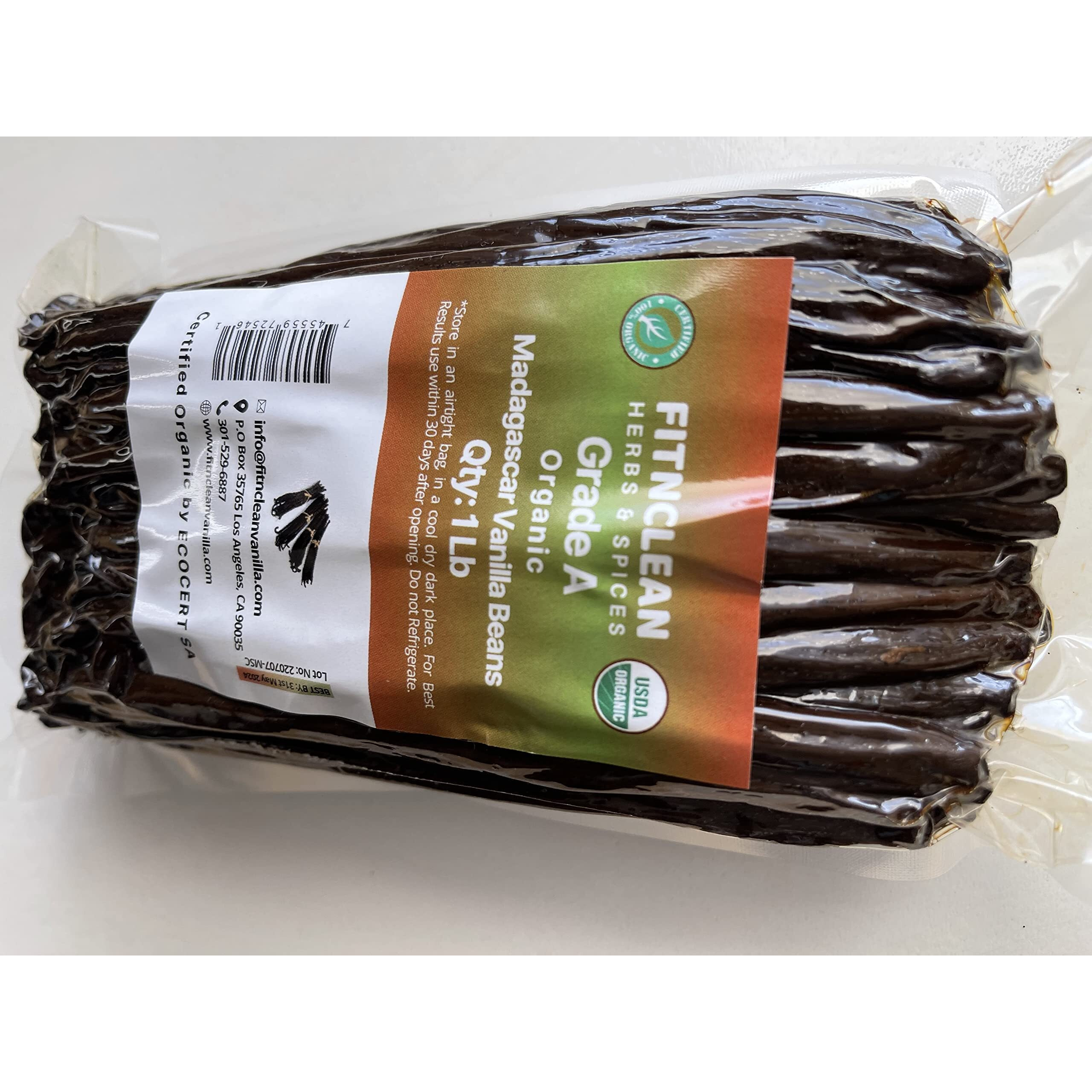 16Oz Organic Vanilla Beans Grade A Madagascar Bourbon. Certified Usda Organic. Bulk 6""-8"" For Extract, Baking And Cooking By Fitnclean Vanilla| 1 Pound (1 Lb) Fresh Non-Gmo Whole Gourmet Pods
