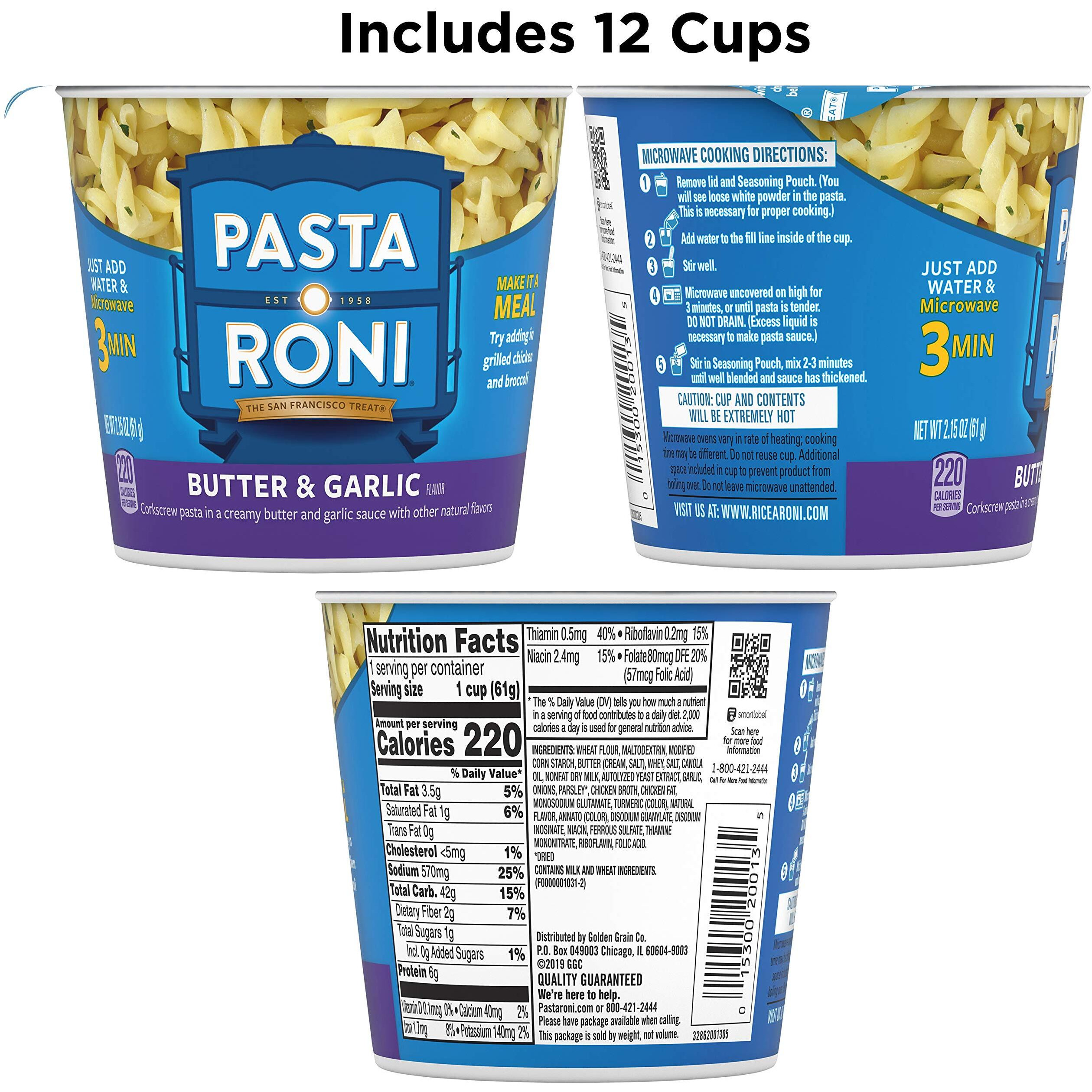 Quaker Roni Cups Mix, Butter & Garlic Pasta, 2.15 Oz (Pack Of 12)
