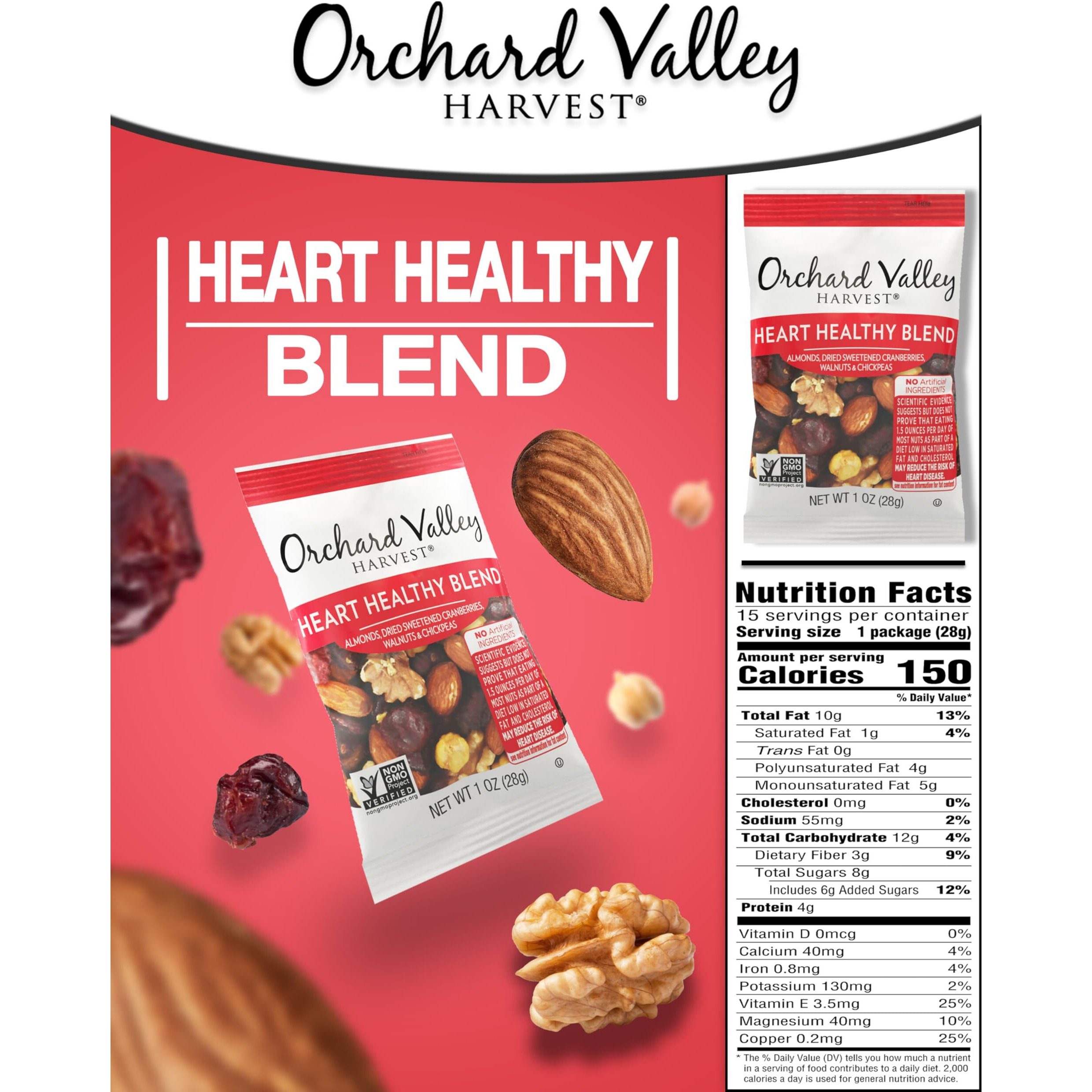 Orchard Valley Harvest Heart Healthy Blend, 1 Ounce Bags (Pack Of 15), Almonds, Cranberries, Walnuts, And Chickpeas, Gluten Free, Non-Gmo, No Artificial Ingredients
