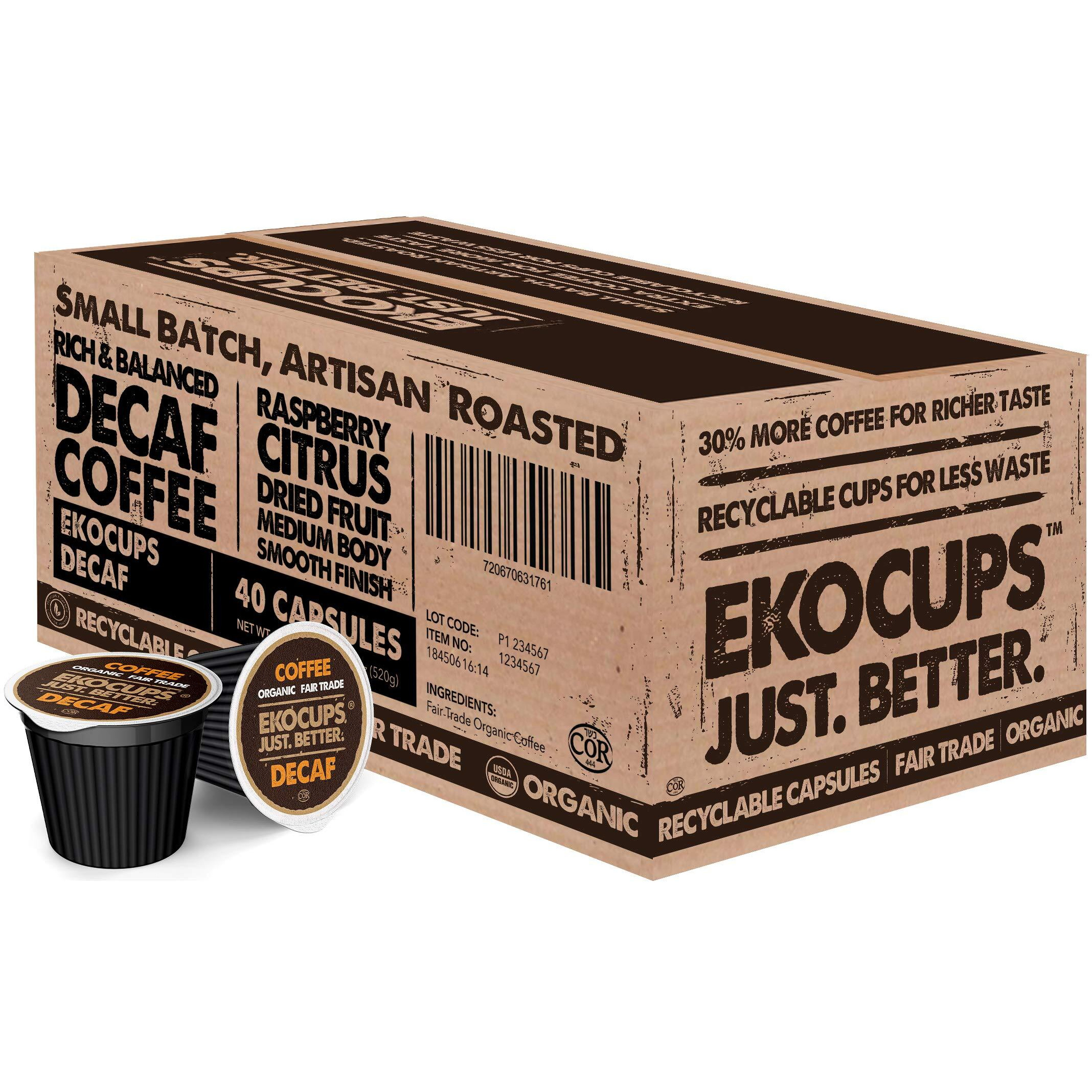 Ekocups Organic Swiss Water Decaf Medium Roast Coffee Pods, 30% More Coffee Per Cup, Fair Trade Decaffeinated Coffee For Keurig K Cup Machines, Recyclable Pods, 40 Count