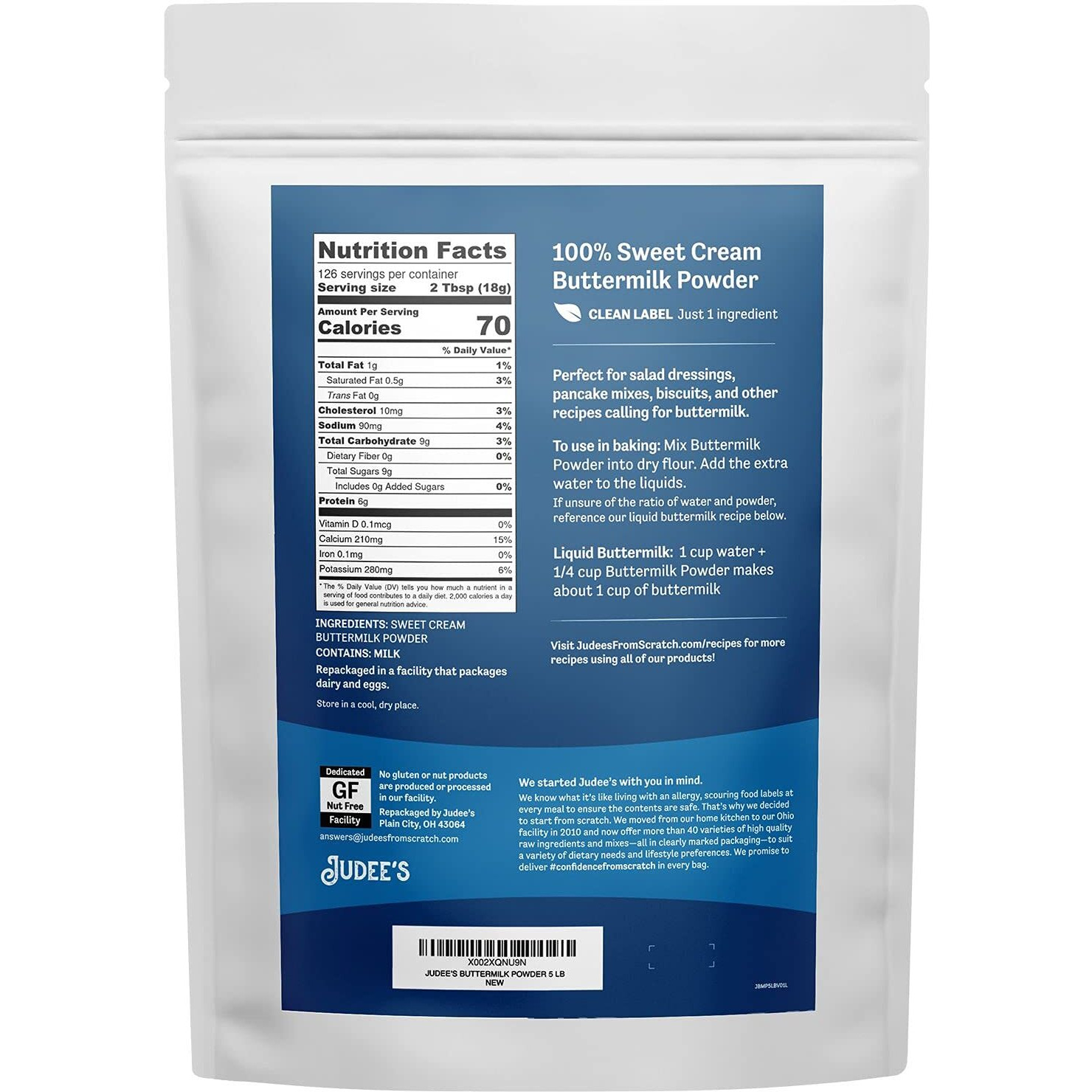 Judees Bulk Buttermilk Powder 40 Lb (5Lb Pack Of 8) - 100% Non-Gmo, Gluten-Free And Nut-Free - Perfect For Pancakes, Fried Chicken And Cornbread - Use In Baking Or Cooking - Make Liquid Buttermilk