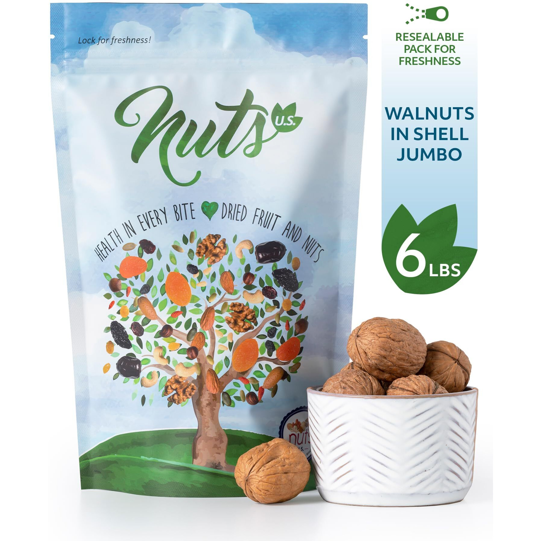 Nuts U.S. - Walnuts In Shell | Grown And Packed In California | Jumbo Size And Chandler Variety | Fresh Buttery Taste And Easy To Crack | Non-Gmo And Raw Walnuts In Resealable Bags (6 Lbs)
