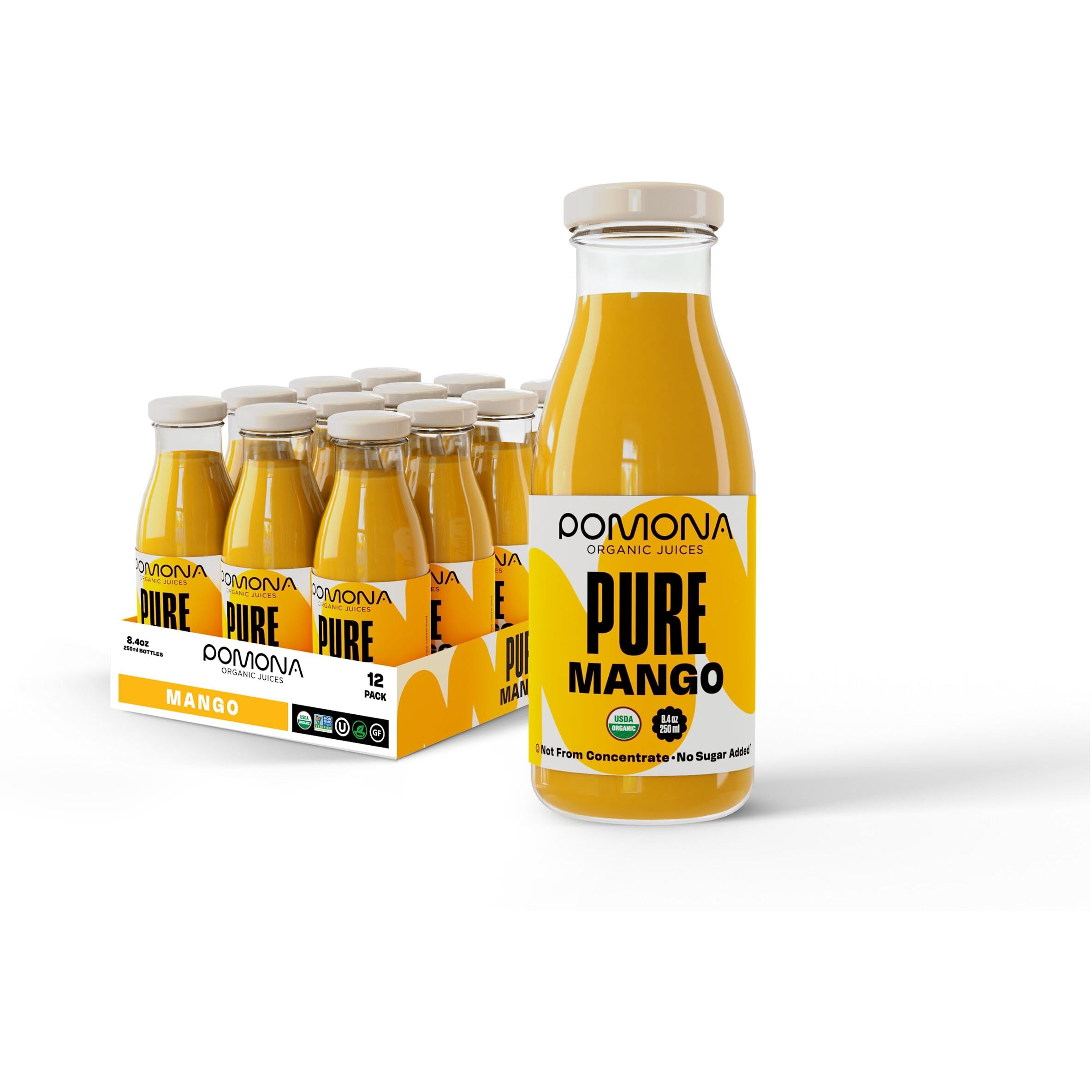 Pomona Organic Juices Pure Mango Juice, 8.4 Ounce Bottle (Pack Of 12), Cold Pressed Organic Juice, Non-Gmo, No Sugar Added, Not From Concentrate, Gluten Free, Kosher Certified, Preservative Free