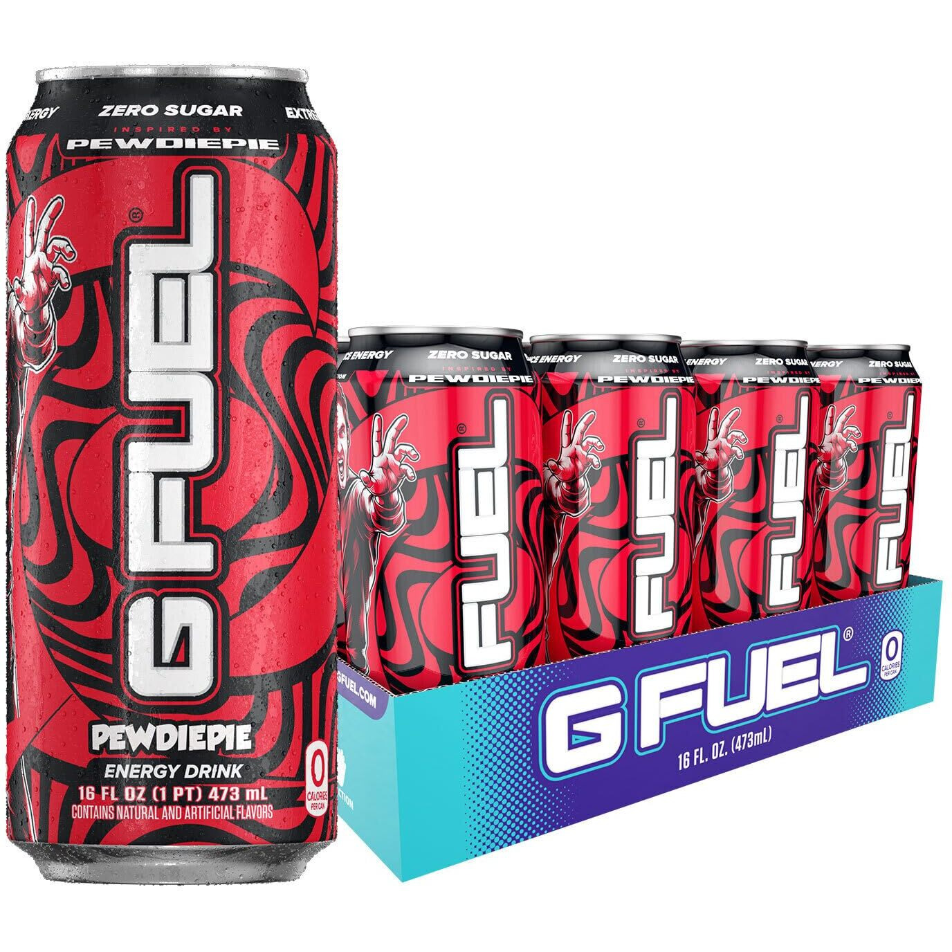 G Fuel Pewdiepie Energy Drink, Sugar Free, Healthy Drinks, Zero Calorie, 300 Mg Caffeine Per Carbonated Can, Lingonberry Fruit Flavor, Focus Amino, Vitamin + Antioxidants Blend - 12 Pack