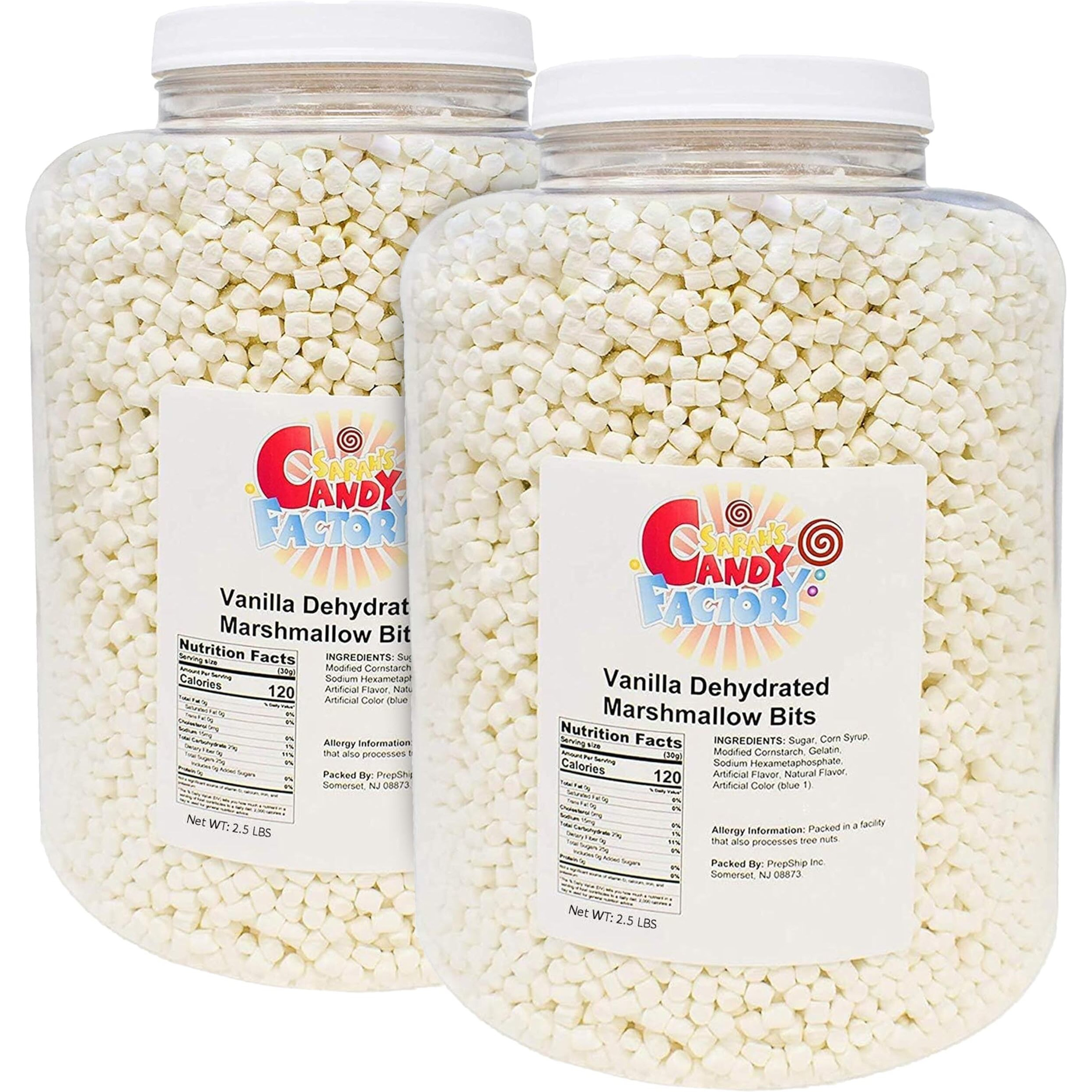 Sarah's Candy Factory Vanilla Mini Dehydrated Marshmallows In Jar - Mini Marshmallow Bits For Hot Cocoa (2.5 Lbs) 2 Pack