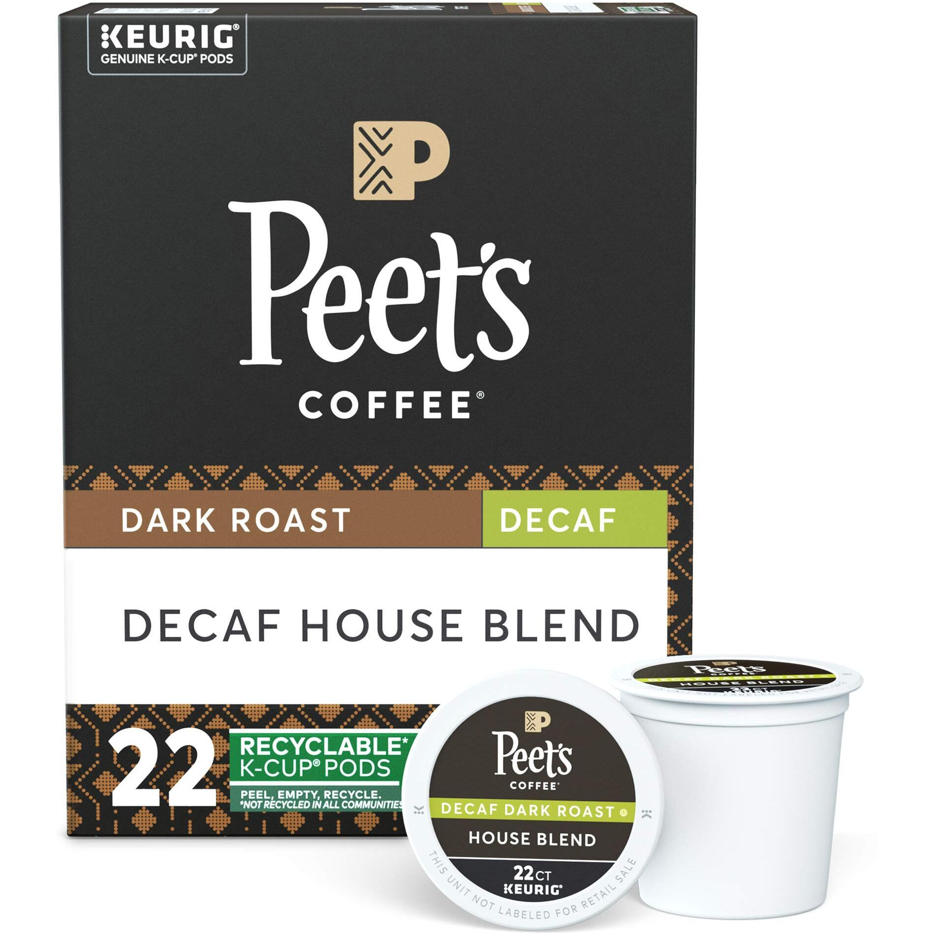 Peets Coffee Decaf House Blend K-Cup Coffee Pods For Keurig Brewers, Dark Roast, 22 Pods